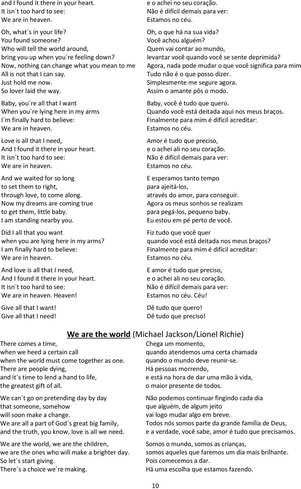 Baby, you re all that I want When you re lying here in my arms I m finally hard to believe: We are in heaven. Love is all that I need, And I found it there in your heart.