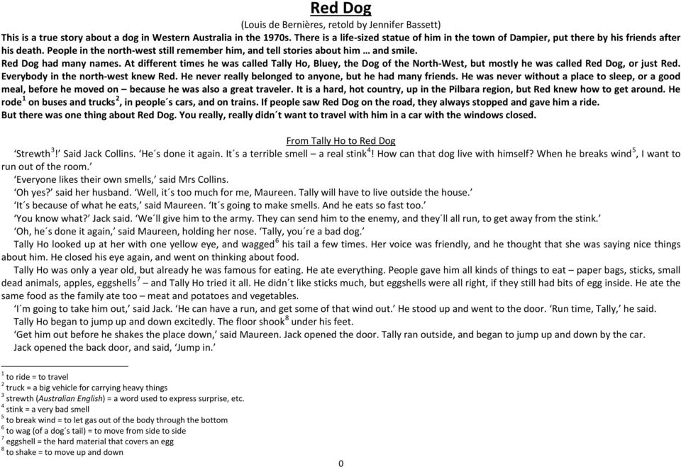 Red Dog had many names. At different times he was called Tally Ho, Bluey, the Dog of the North-West, but mostly he was called Red Dog, or just Red. Everybody in the north-west knew Red.