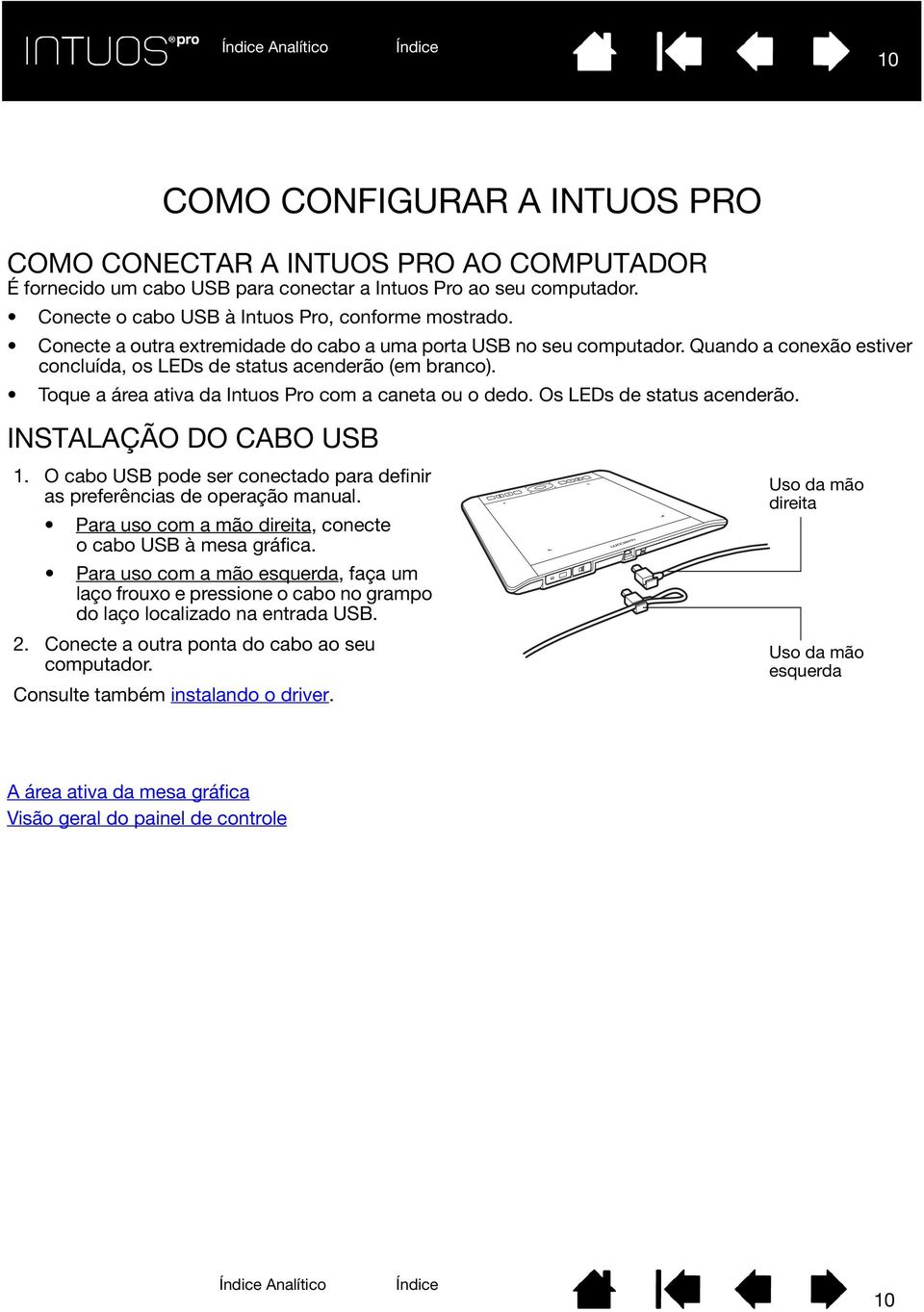 Toque a área ativa da Intuos Pro com a caneta ou o dedo. Os LEDs de status acenderão. INSTALAÇÃO DO CABO USB 1. O cabo USB pode ser conectado para definir as preferências de operação manual.