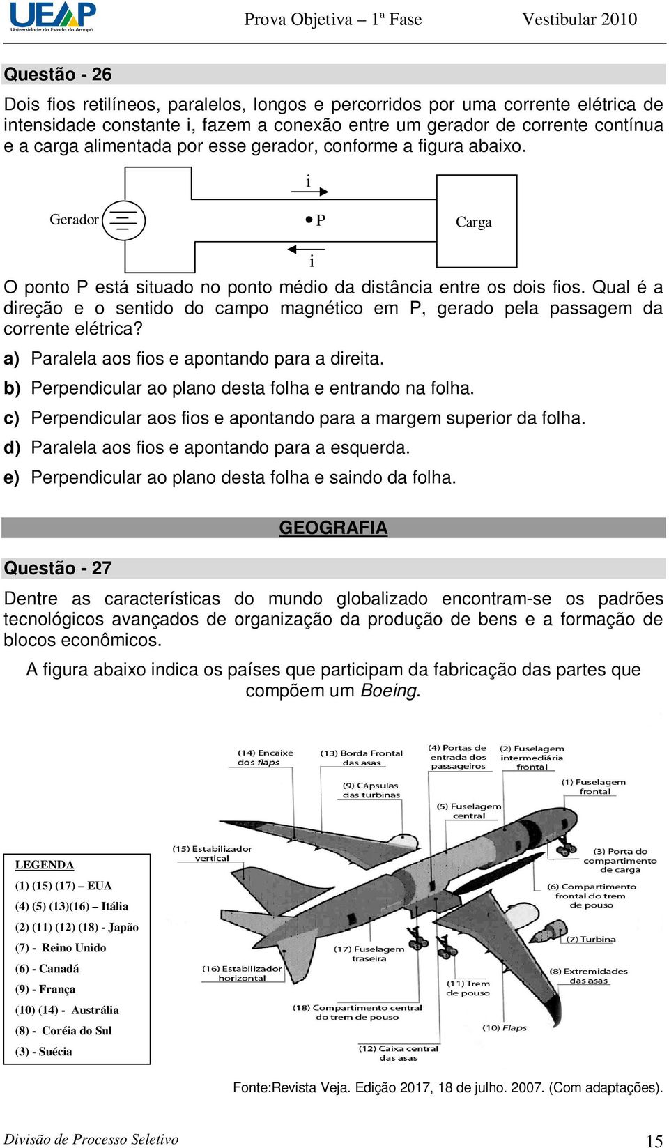 Qual é a direção e o sentido do campo magnético em P, gerado pela passagem da corrente elétrica? a) Paralela aos fios e apontando para a direita.