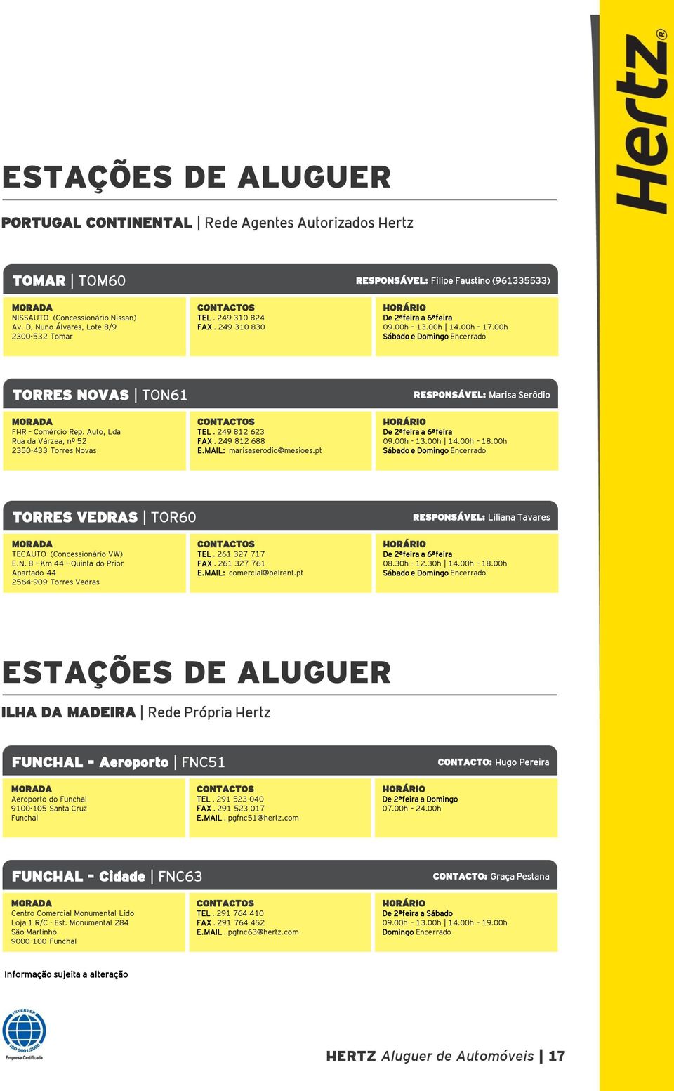 Auto, Manuel Lda da Várzea, 2 nº Loja 52 AE, 2350433 Torres 8200 Novas 321 Albufeira. 249 812 623. 249 812 688. marisaserodio@mesioes.pt RESPONSÁVEL: Marisa Vitorino Serôdio Silva a 09.