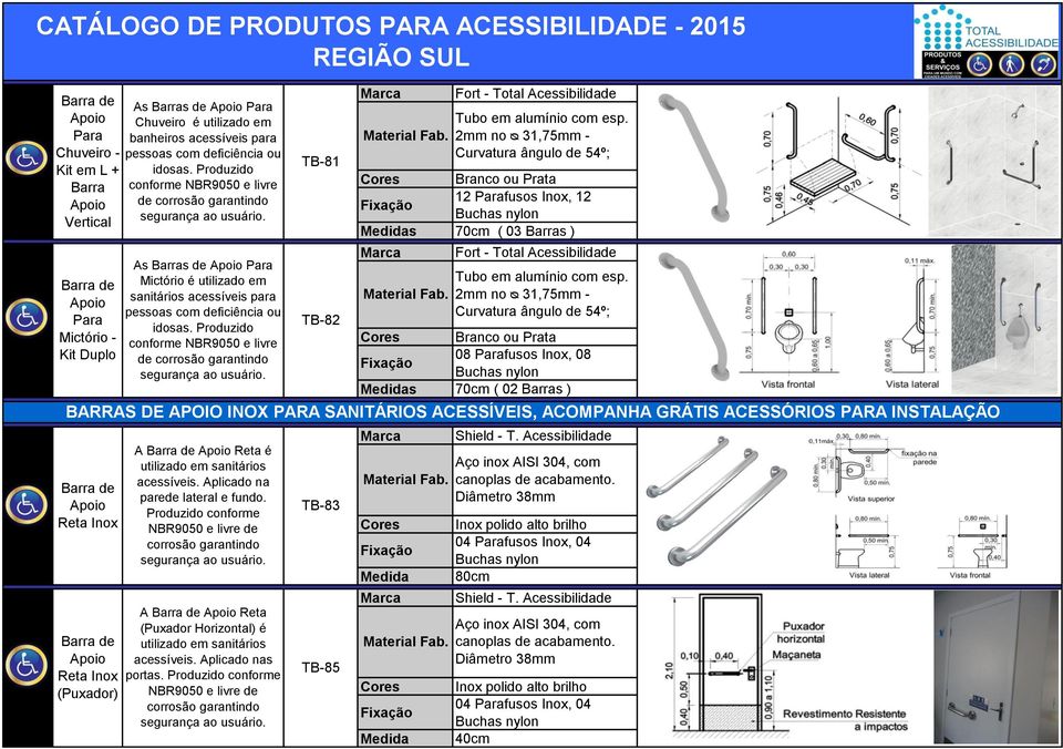 deficiência ou idosas. Produzido conforme NBR9050 e livre de corrosão garantindo A Reta (Puxador Horizontal) é utilizado em sanitários acessíveis. Aplicado nas portas.