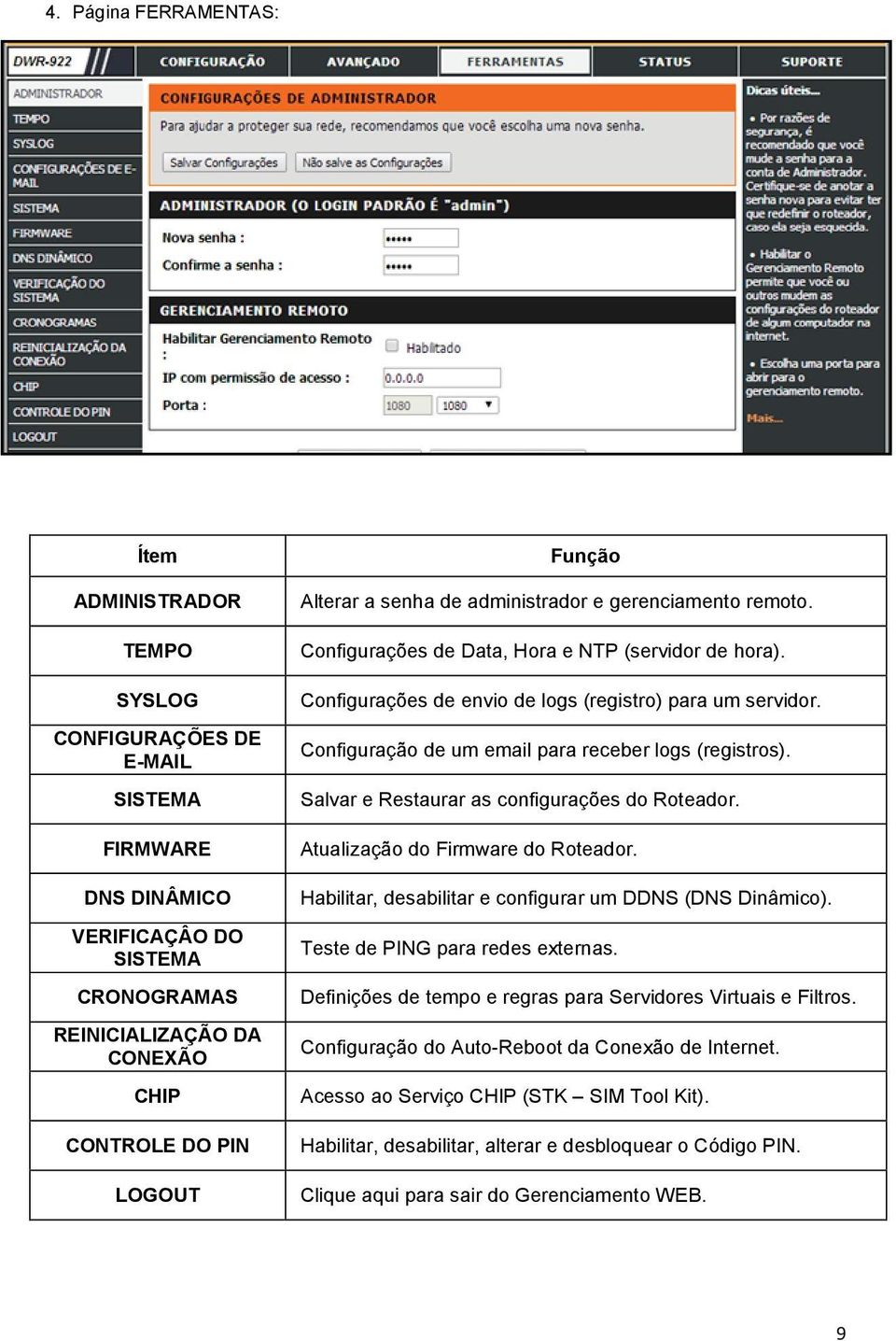 Configuração de um email para receber logs (registros). Salvar e Restaurar as configurações do Roteador. Atualização do Firmware do Roteador.