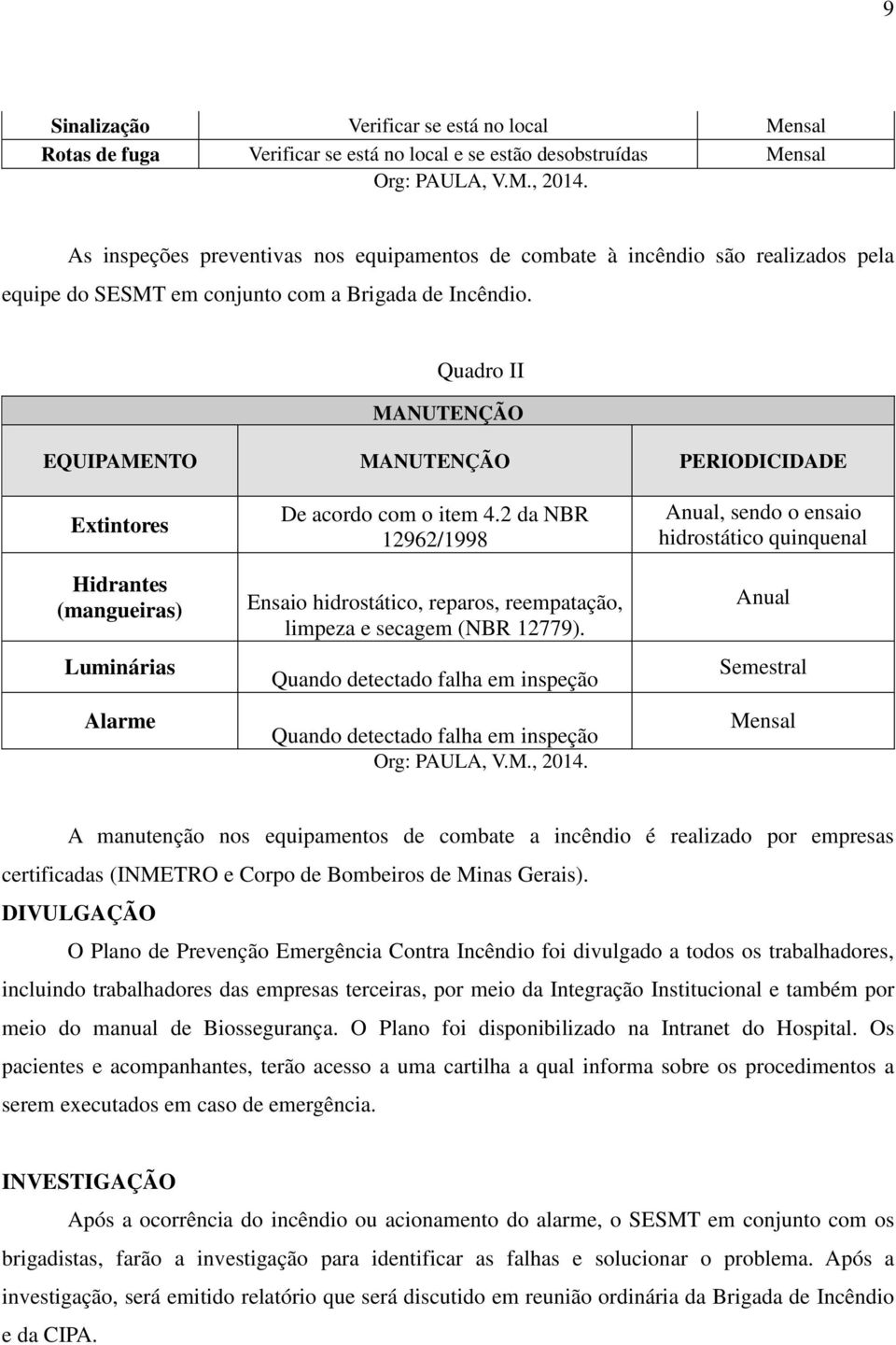 Quadro II MANUTENÇÃO EQUIPAMENTO MANUTENÇÃO PERIODICIDADE Extintores Hidrantes (mangueiras) Luminárias Alarme De acordo com o item 4.