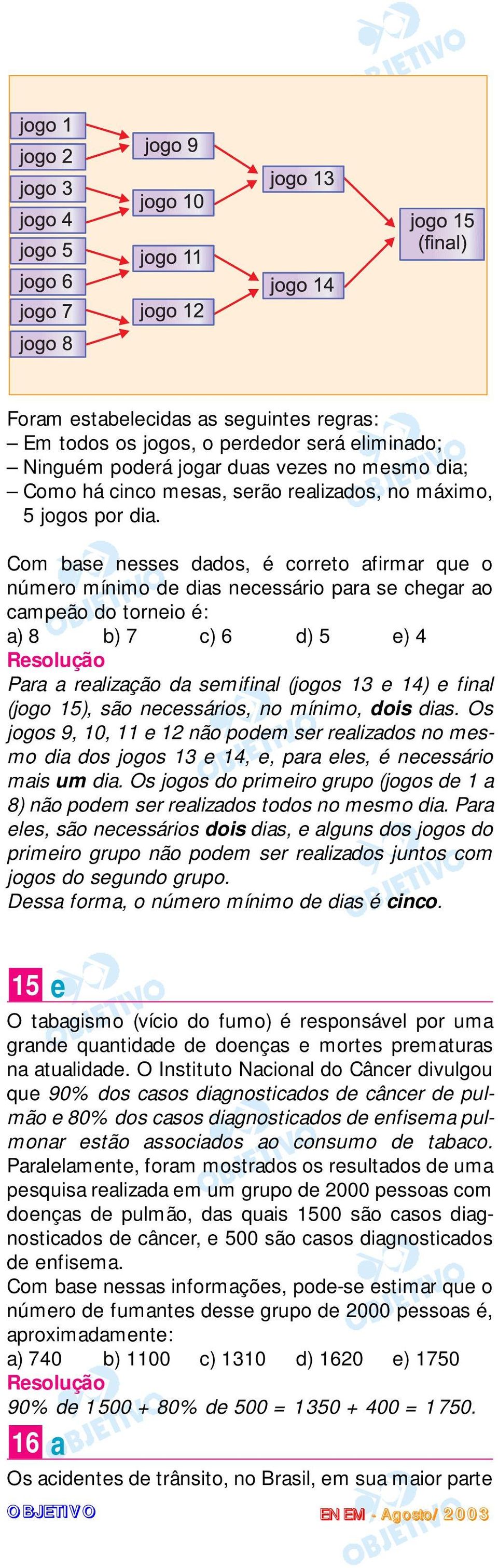 (jogo 15), são necessários, no mínimo, dois dias. Os jogos 9, 10, 11 e 12 não podem ser realizados no mesmo dia dos jogos 13 e 14, e, para eles, é necessário mais um dia.