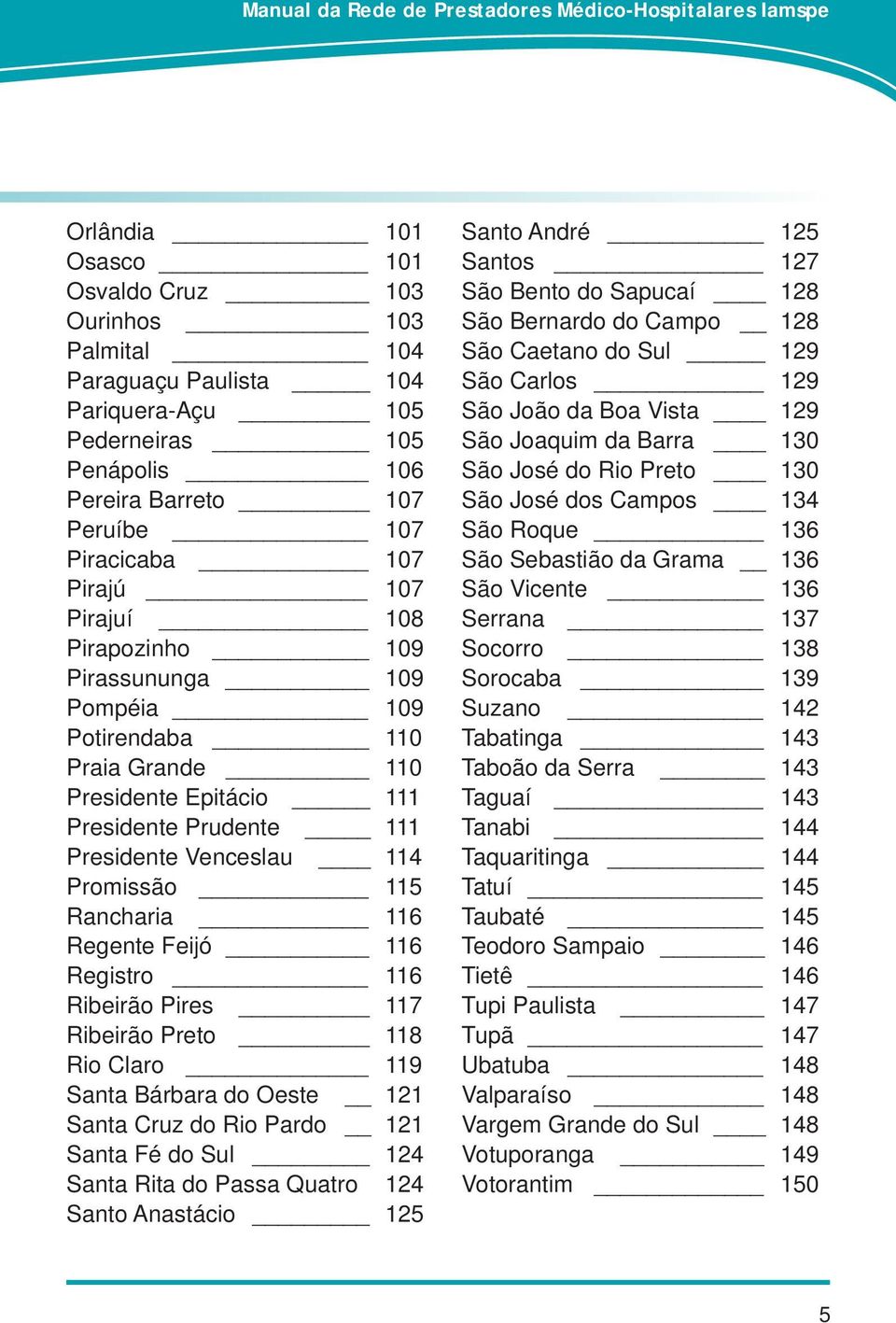 Feijó 116 Registro 116 Ribeirão Pires 117 Ribeirão Preto 118 Rio Claro 119 Santa Bárbara do Oeste 121 Santa Cruz do Rio Pardo 121 Santa Fé do Sul 124 Santa Rita do Passa Quatro 124 Santo Anastácio