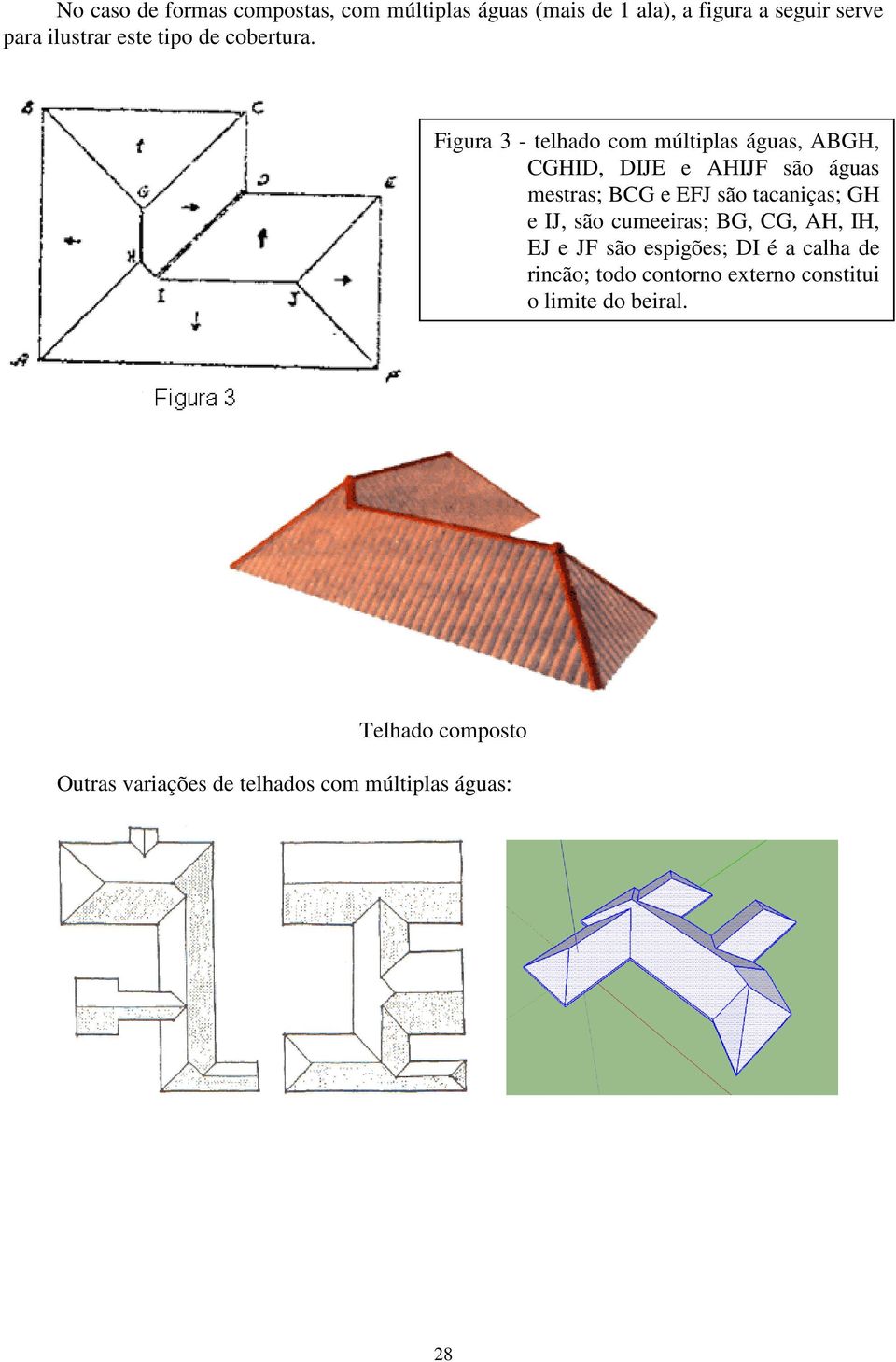 Figura 3 - telhado com múltiplas águas, ABGH, CGHID, DIJE e AHIJF são águas mestras; BCG e EFJ são tacaniças;