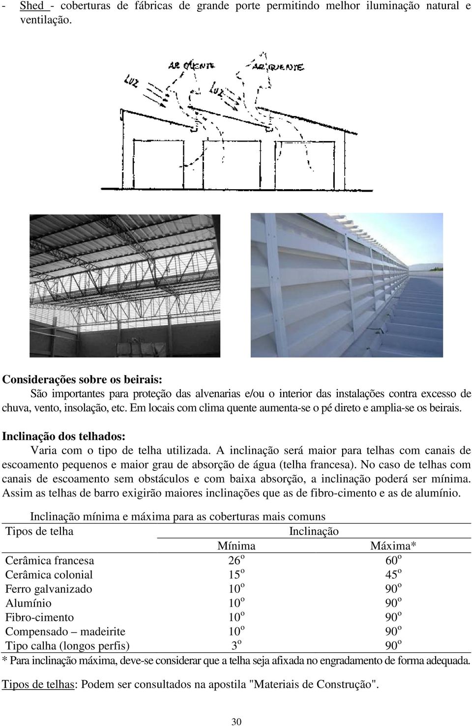 Em locais com clima quente aumenta-se o pé direto e amplia-se os beirais. Inclinação dos telhados: Varia com o tipo de telha utilizada.