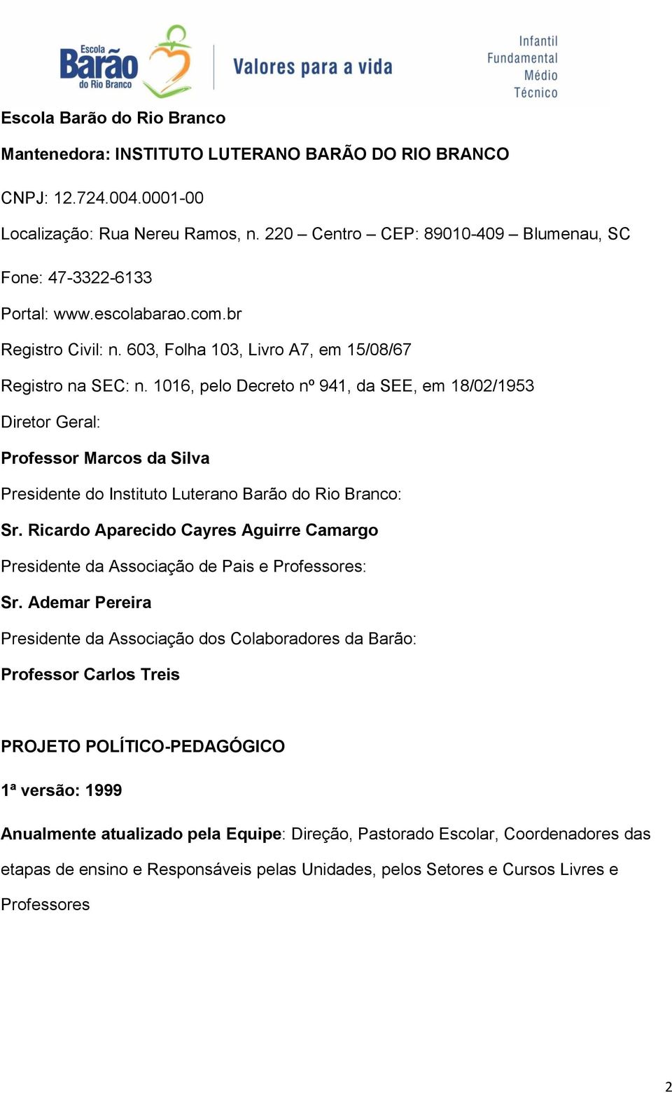 1016, pelo Decreto nº 941, da SEE, em 18/02/1953 Diretor Geral: Professor Marcos da Silva Presidente do Instituto Luterano Barão do Rio Branco: Sr.