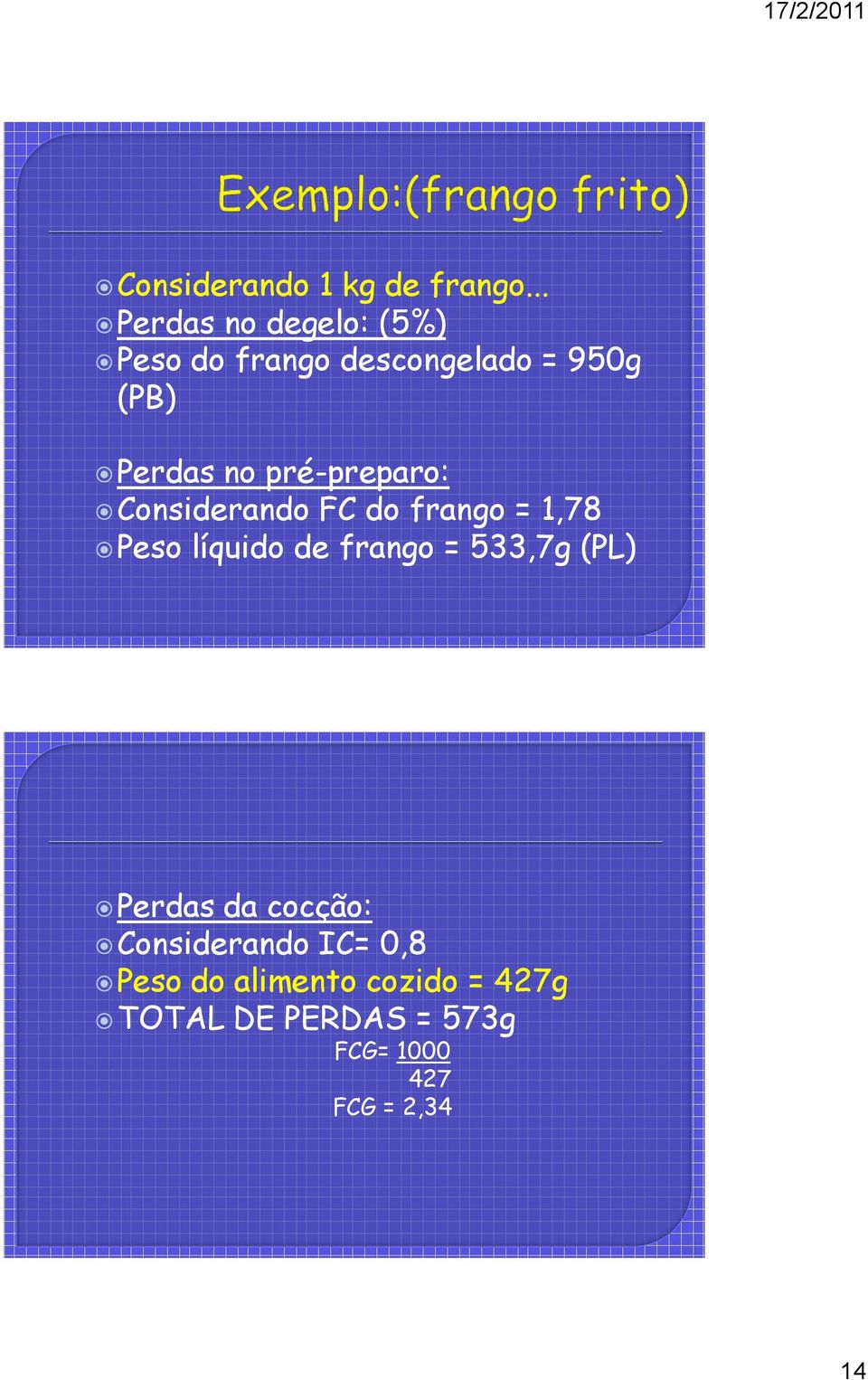 pré-preparo: Considerando FC do frango = 1,78 Peso líquido de frango =