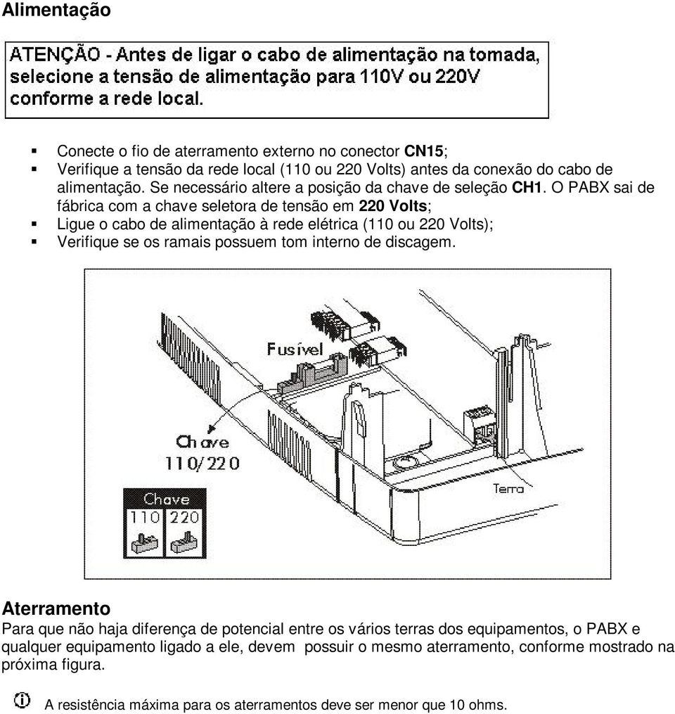 O PABX sai de fábrica com a chave seletora de tensão em 220 Volts; Ligue o cabo de alimentação à rede elétrica (110 ou 220 Volts); Verifique se os ramais possuem tom