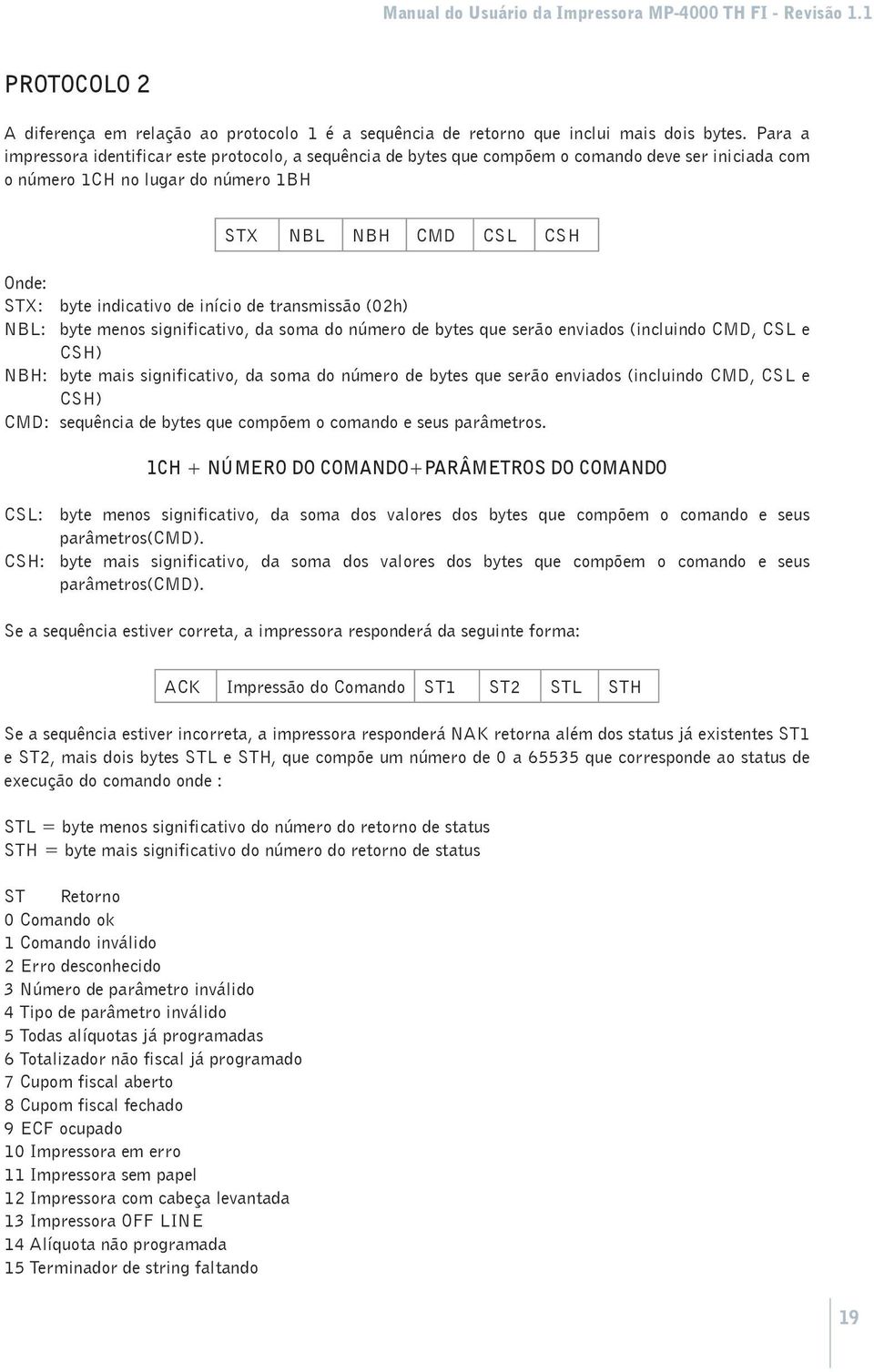 de início de transmissão (02h) NBL: byte menos significativo, da soma do número de bytes que serão enviados (incluindo CMD, CSL e CSH) NBH: byte mais significativo, da soma do número de bytes que