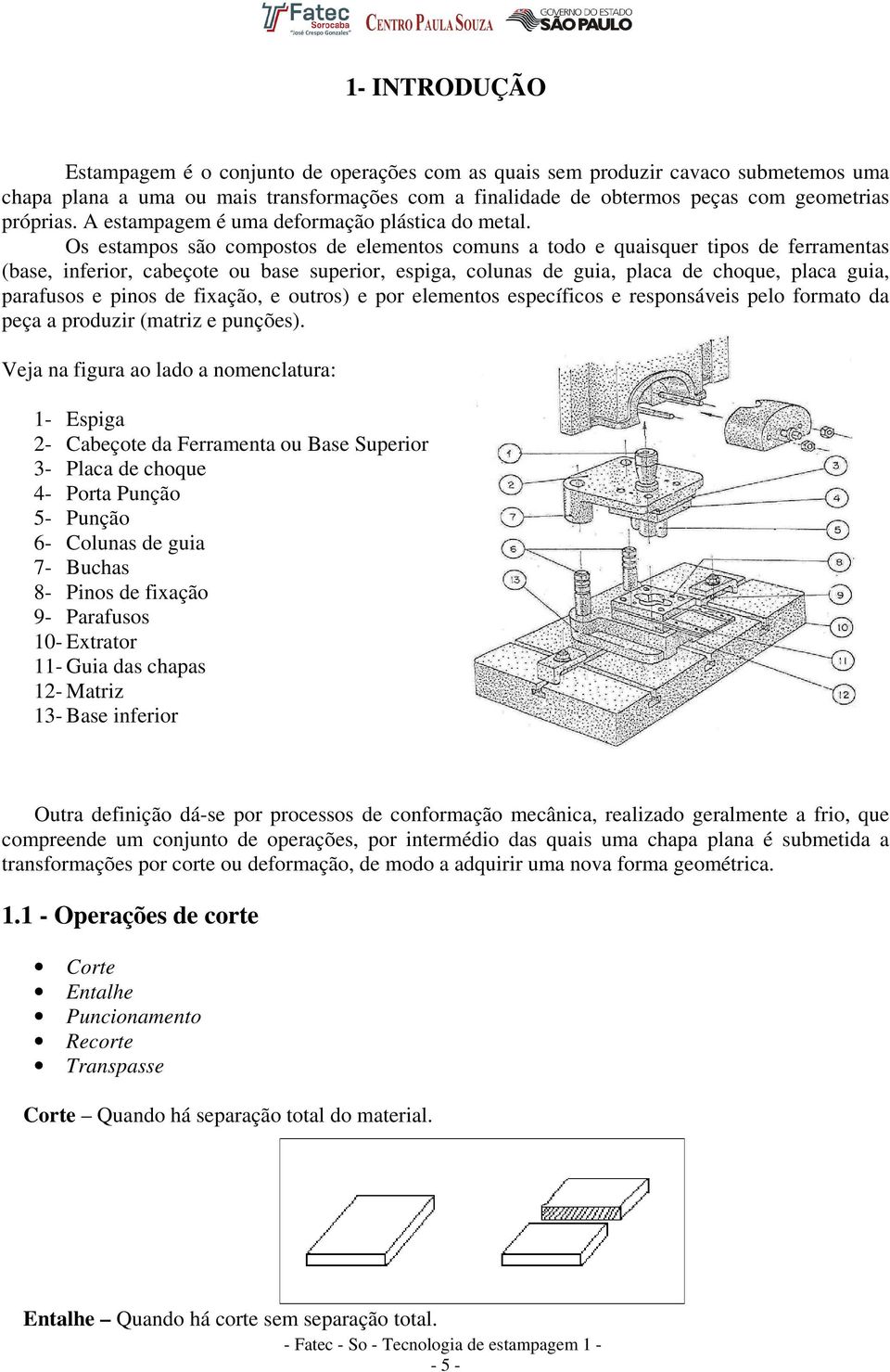 Os estampos são compostos de elementos comuns a todo e quaisquer tipos de ferramentas (base, inferior, cabeçote ou base superior, espiga, colunas de guia, placa de choque, placa guia, parafusos e