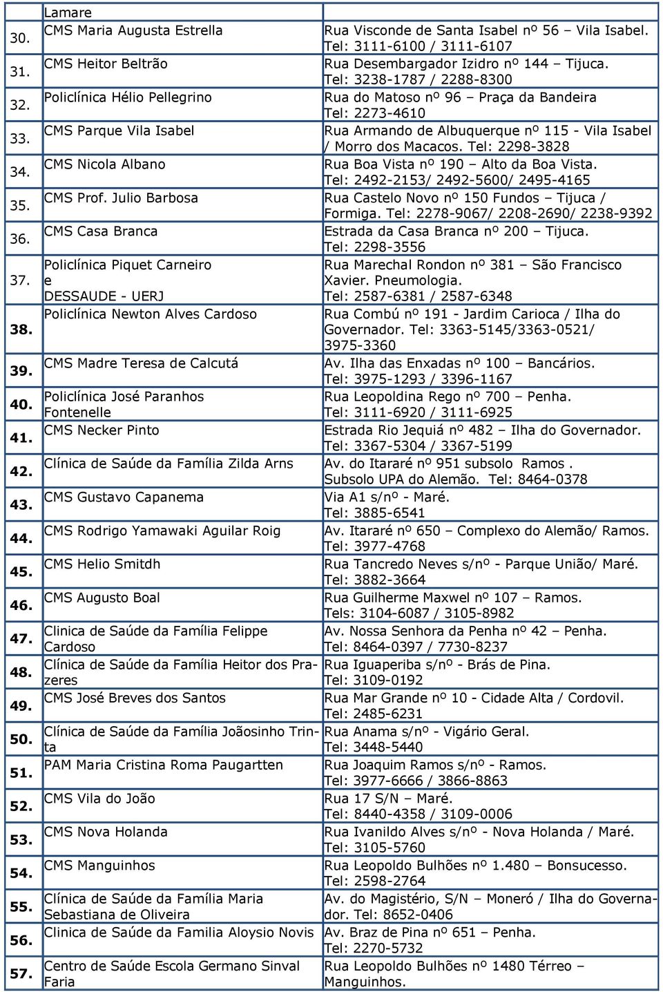 Tel: 3238-1787 / 2288-8300 Policlínica Hélio Pellegrino Rua do Matoso nº 96 Praça da Bandeira Tel: 2273-4610 CMS Parque Vila Isabel Rua Armando de Albuquerque nº 115 - Vila Isabel / Morro dos Macacos.
