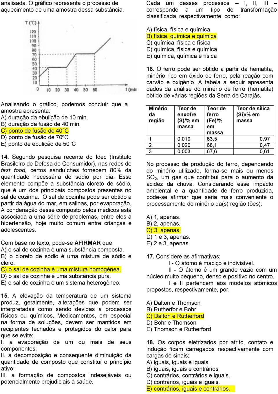 química, física e química E) química, química e física Analisando o gráfico, podemos concluir que a amostra apresenta: A) duração da ebulição de 10 min. B) duração da fusão de 40 min.