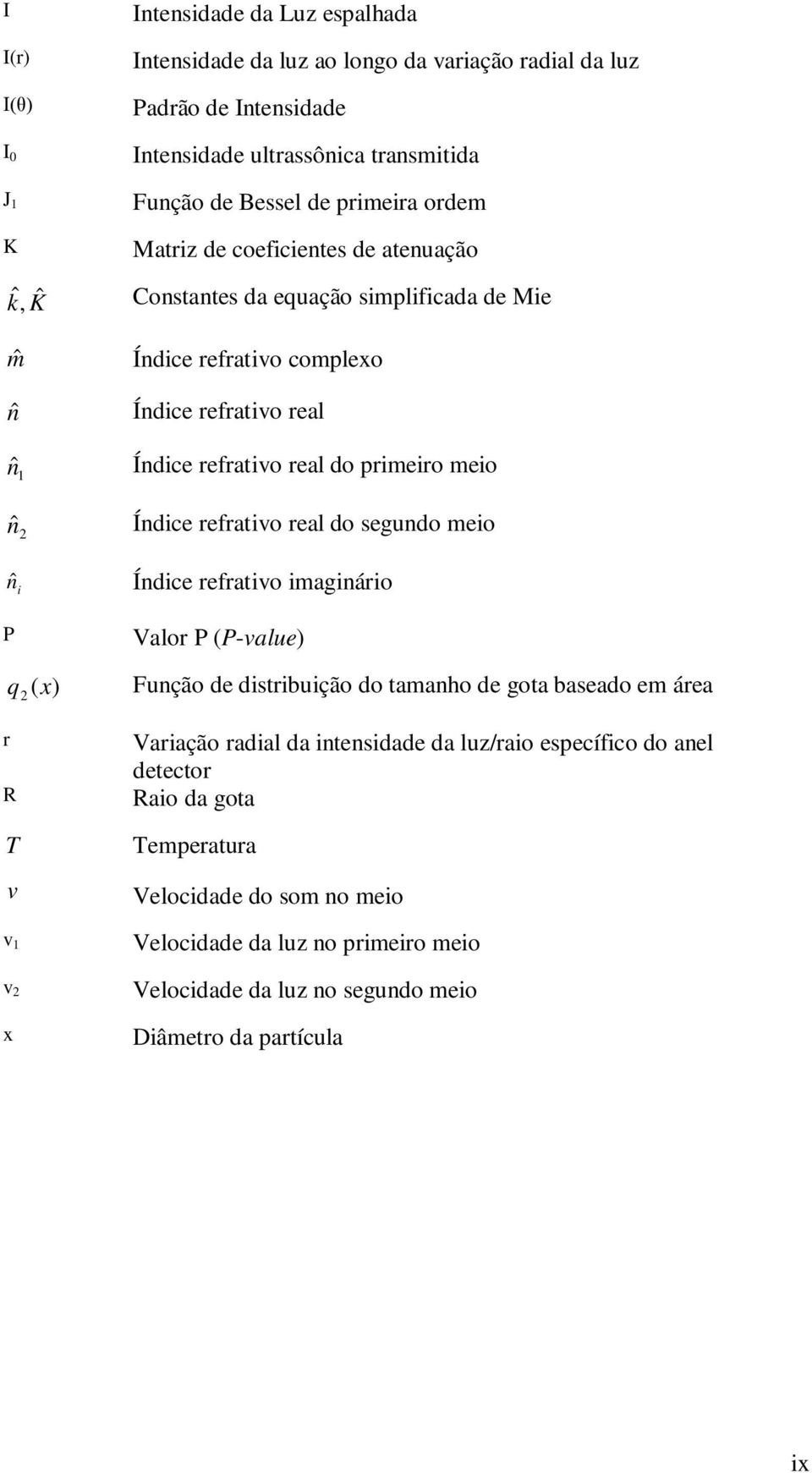 primeiro meio Índice refrativo real do segundo meio Índice refrativo imaginário Valor P (P-value) q ( ) Função de distribuição do tamanho de gota baseado em área 2 x r R T v v 1 v 2 x Variação