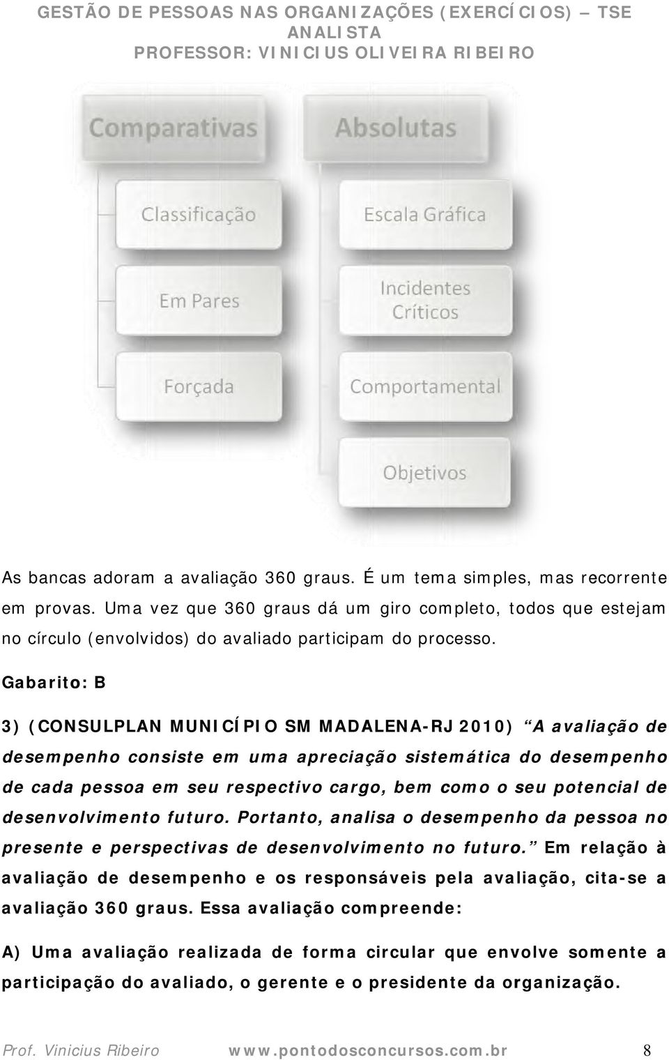 Gabarito: B 3) (CONSULPLAN MUNICÍPIO SM MADALENA-RJ 2010) A avaliação de desempenho consiste em uma apreciação sistemática do desempenho de cadaa pessoa em seu respectivo cargo, bem como o seu