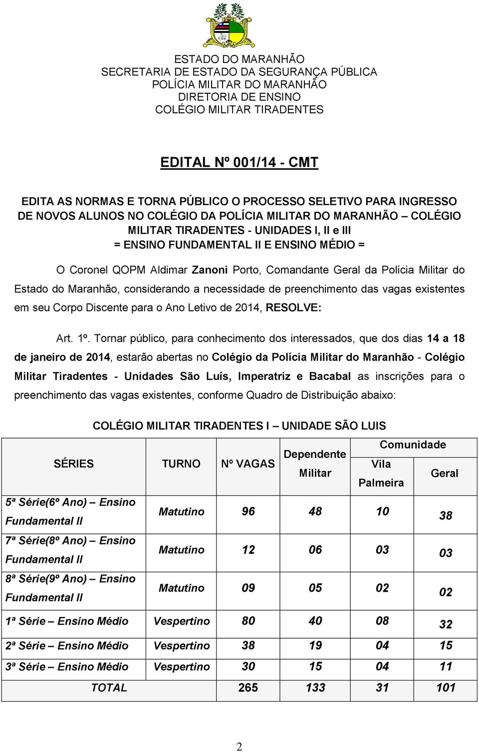 Aldimar Zanoni Porto, Comandante Geral da Polícia Militar do Estado do Maranhão, considerando a necessidade de preenchimento das vagas existentes em seu Corpo Discente para o Ano Letivo de 2014,