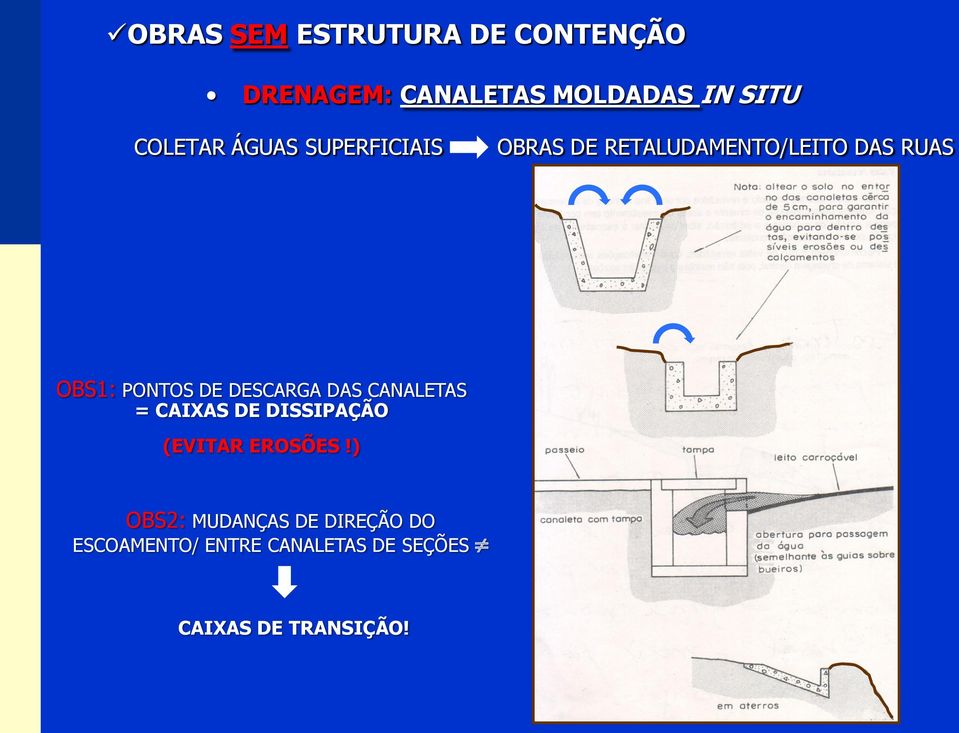 PONTOS DE DESCARGA DAS CANALETAS = CAIXAS DE DISSIPAÇÃO (EVITAR EROSÕES!