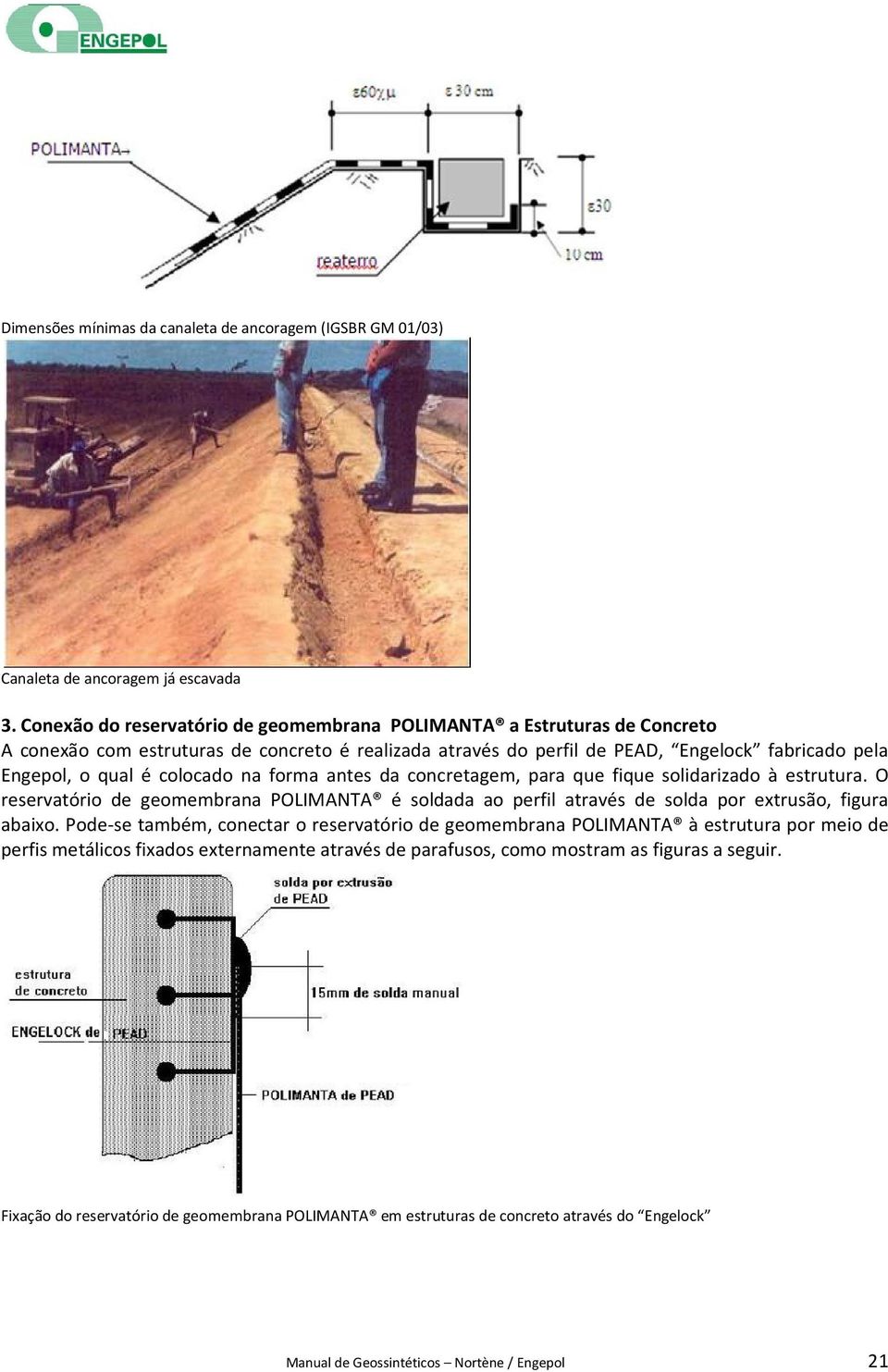 colocado na forma antes da concretagem, para que fique solidarizado à estrutura. O reservatório de geomembrana POLIMANTA é soldada ao perfil através de solda por extrusão, figura abaixo.