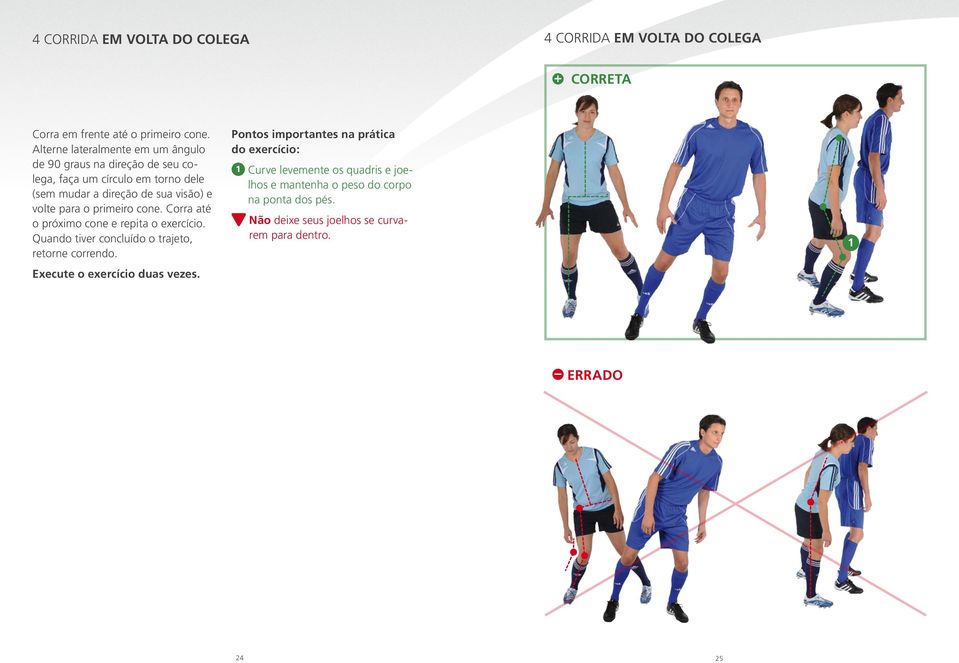 volte para o primeiro cone. Corra até o próximo cone e repita o exercício. Quando tiver concluído o trajeto, retorne correndo.