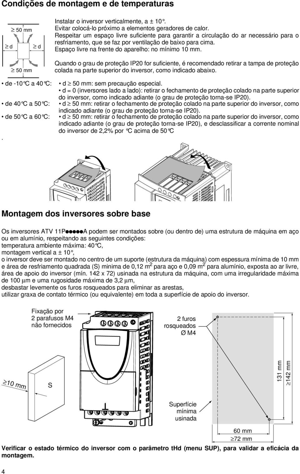 Quando o grau de proteção IP20 for suficiente, é recomendado retirar a tampa de proteção colada na parte superior do inversor, como indicado abaixo. d 50 : sem precaução especial.