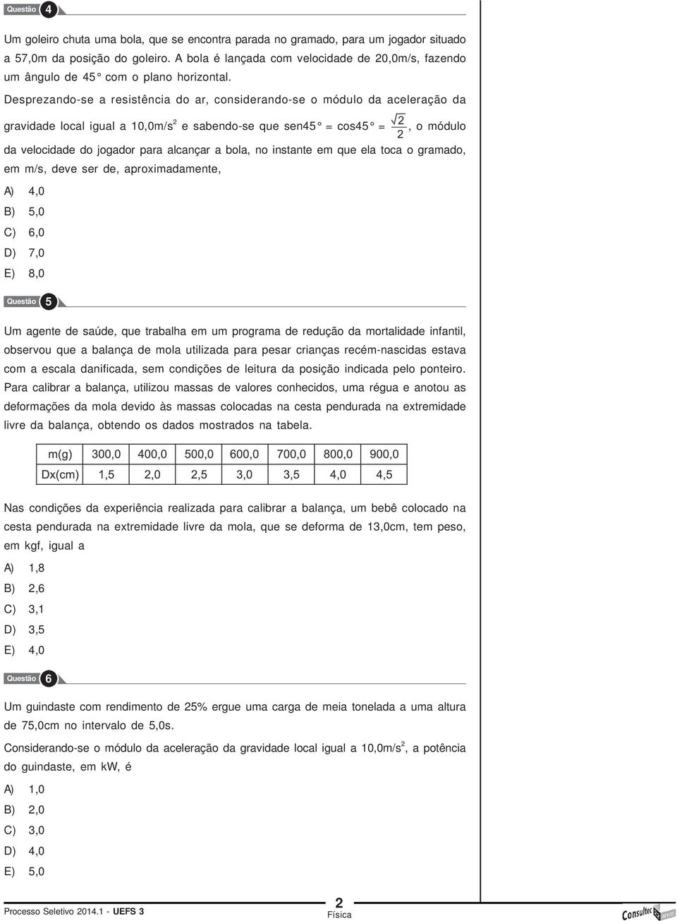 Desprezando-se a resistência do ar, considerando-se o módulo da aceleração da gravidade local igual a 10,0m/s 2 e sabendo-se que sen45 = cos45 =, o módulo da velocidade do jogador para alcançar a