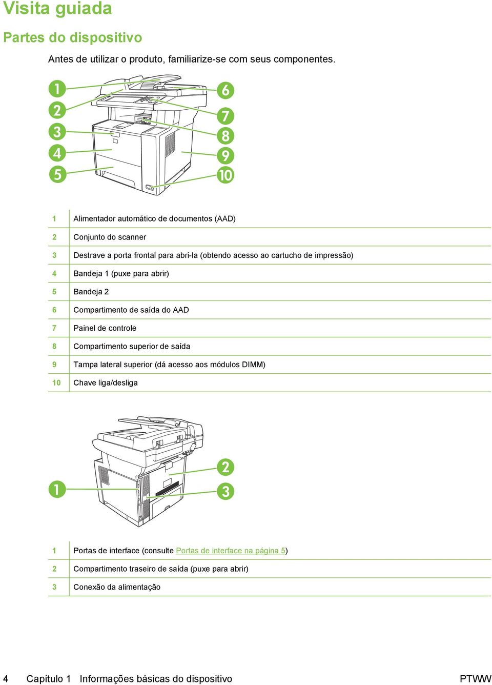 4 Bandeja 1 (puxe para abrir) 5 Bandeja 2 6 Compartimento de saída do AAD 7 Painel de controle 8 Compartimento superior de saída 9 Tampa lateral superior (dá acesso aos