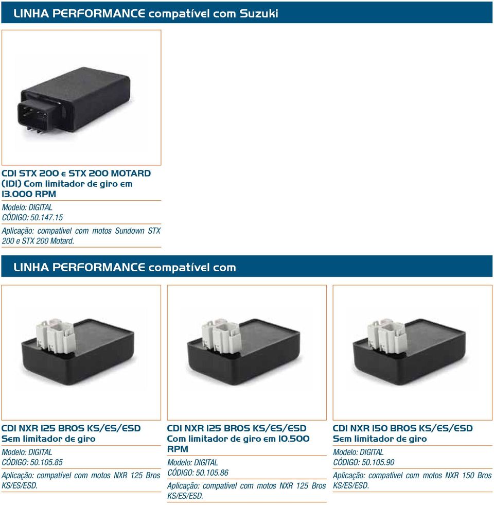 LINHA PERFORMANCE compatível com CDI NXR 125 BROS KS/ES/ESD Sem limitador de giro CÓDIGO: 50.105.