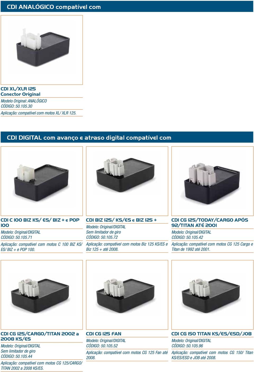 CDI BIZ 125/ KS/ES e BIZ 125 + /DIGITAL Sem limitador de giro CÓDIGO: 50.105.72 Aplicação: compatível com motos Biz 125 KS/ES e Biz 125 + até 2008.