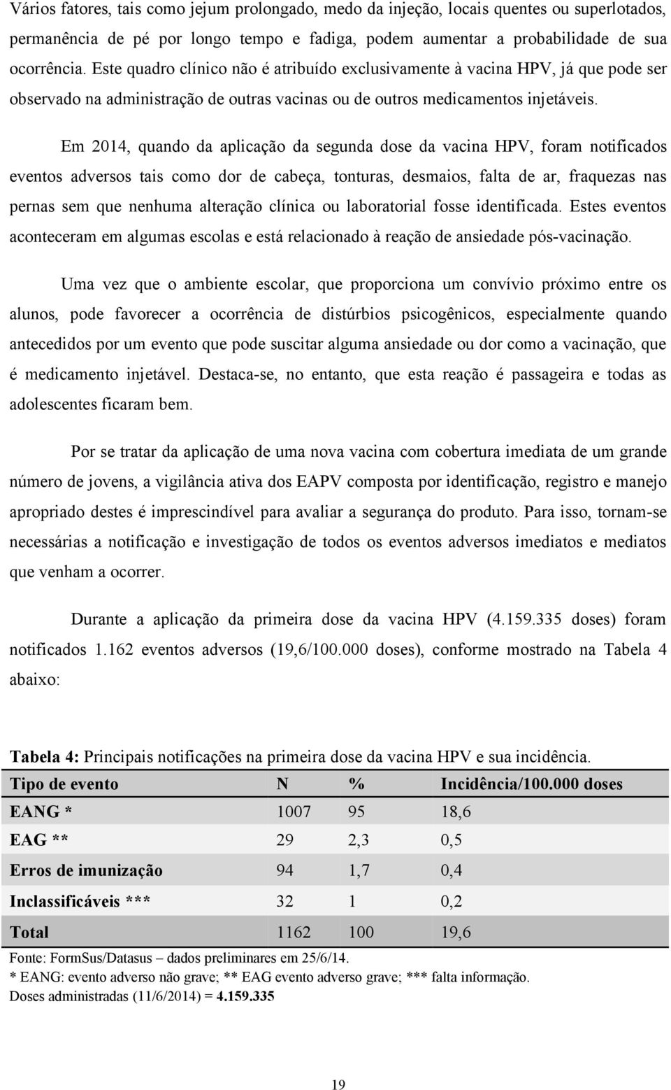 Em 2014, quando da aplicação da segunda dose da vacina HPV, foram notificados eventos adversos tais como dor de cabeça, tonturas, desmaios, falta de ar, fraquezas nas pernas sem que nenhuma alteração