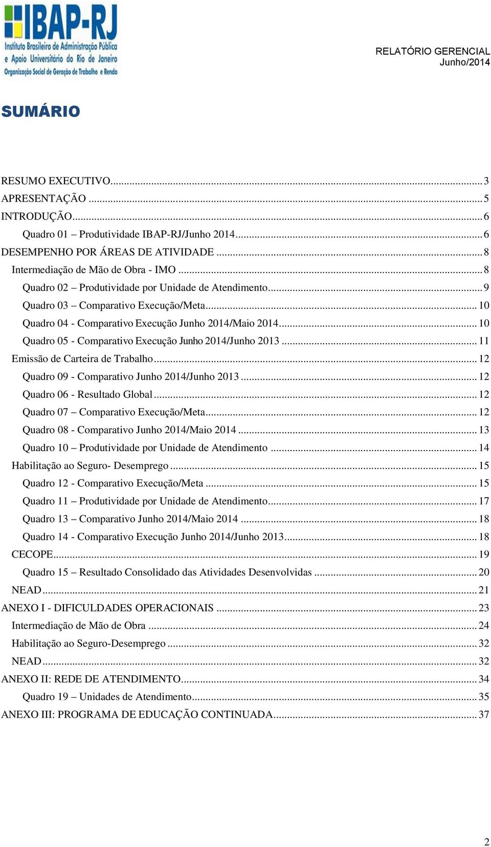 .. 10 Quadro 05 - Comparativo Execução Junho 2014/Junho 2013... 11 Emissão de Carteira de Trabalho... 12 Quadro 09 - Comparativo Junho 2014/Junho 2013... 12 Quadro 06 - Resultado Global.