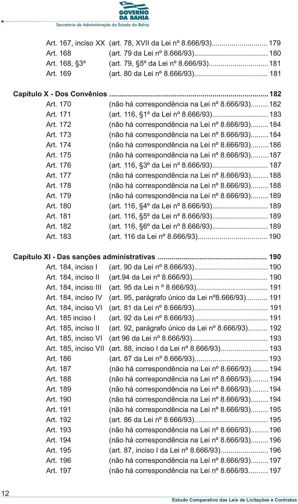 173 (não há correspondência na Lei nº 8.666/93)...184 Art. 174 (não há correspondência na Lei nº 8.666/93)...186 Art. 175 (não há correspondência na Lei nº 8.666/93)...187 Art. 176 (art.