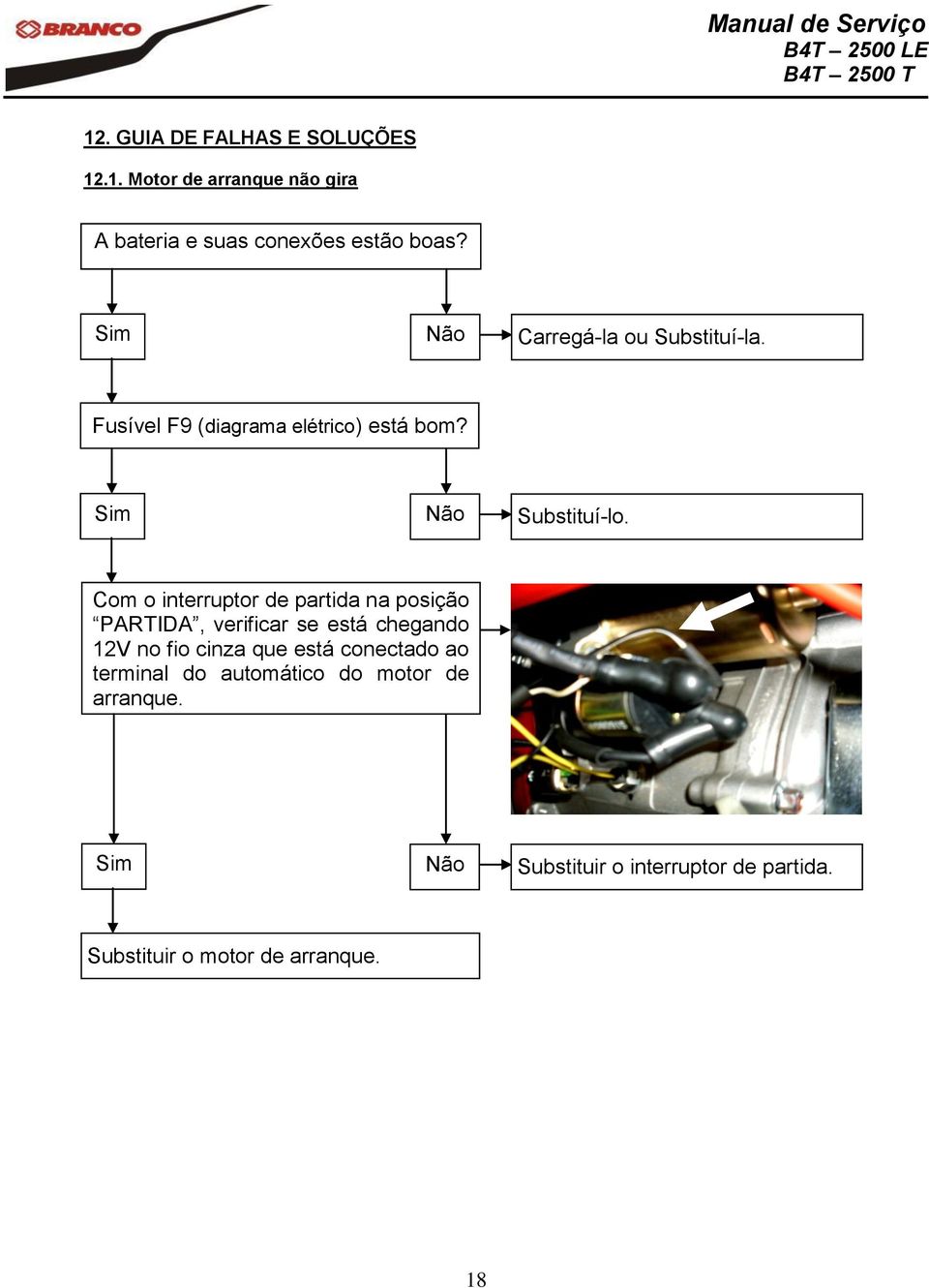 Com o interruptor de partida na posição PARTIDA, verificar se está chegando 12V no fio cinza que está