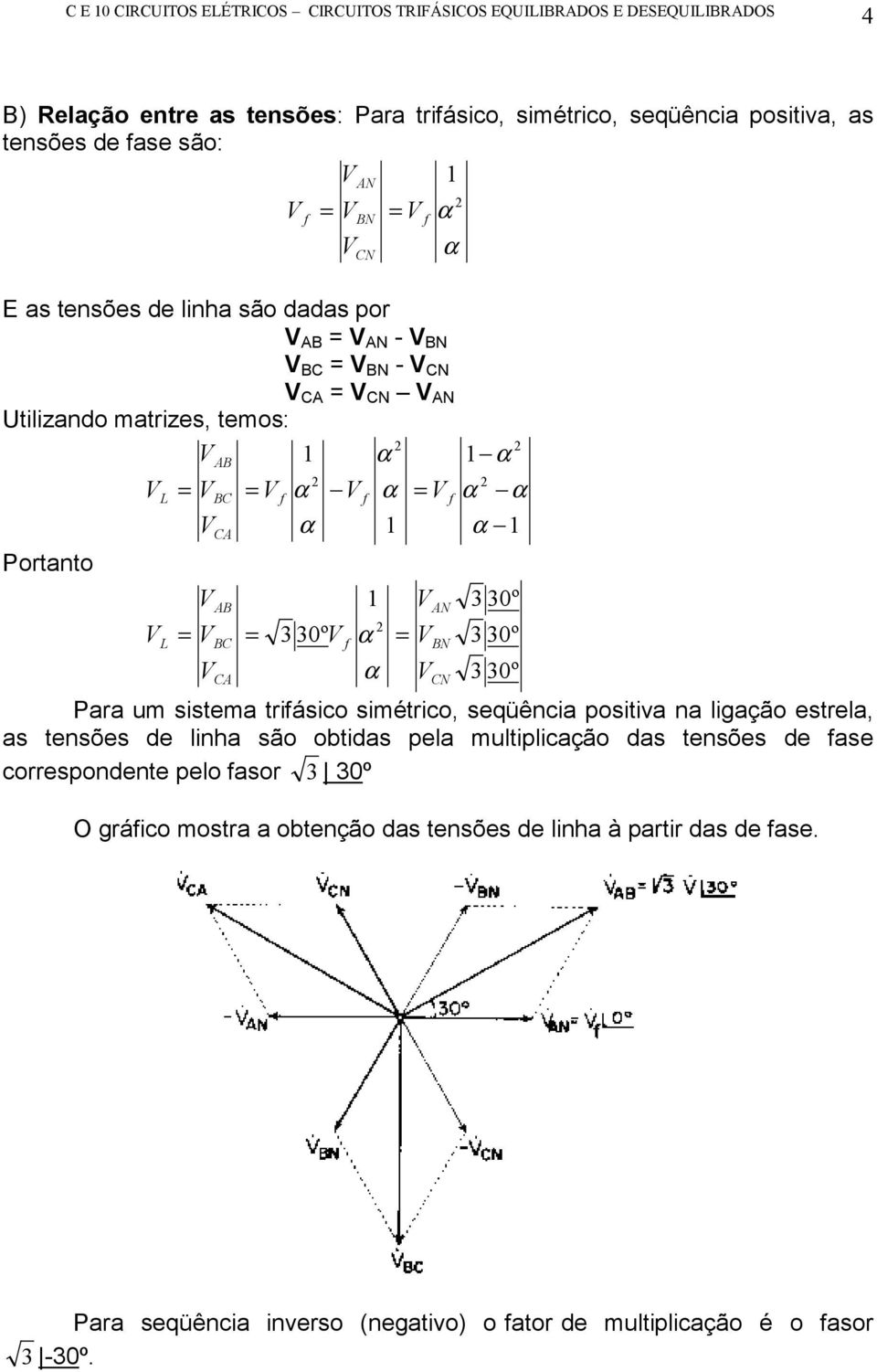 simétrico, seqüência positiva na ligação estrela, as tensões de linha são obtidas pela multiplicação das tensões de ase correspondente pelo asor