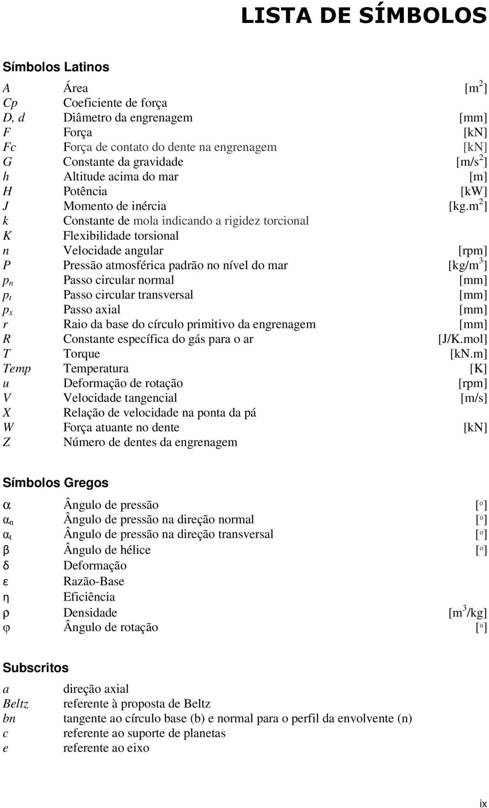 m 2 ] k Constante de mola indicando a rigidez torcional K Flexibilidade torsional n Velocidade angular [rpm] P Pressão atmosférica padrão no nível do mar [kg/m 3 ] p n Passo circular normal [mm] p t