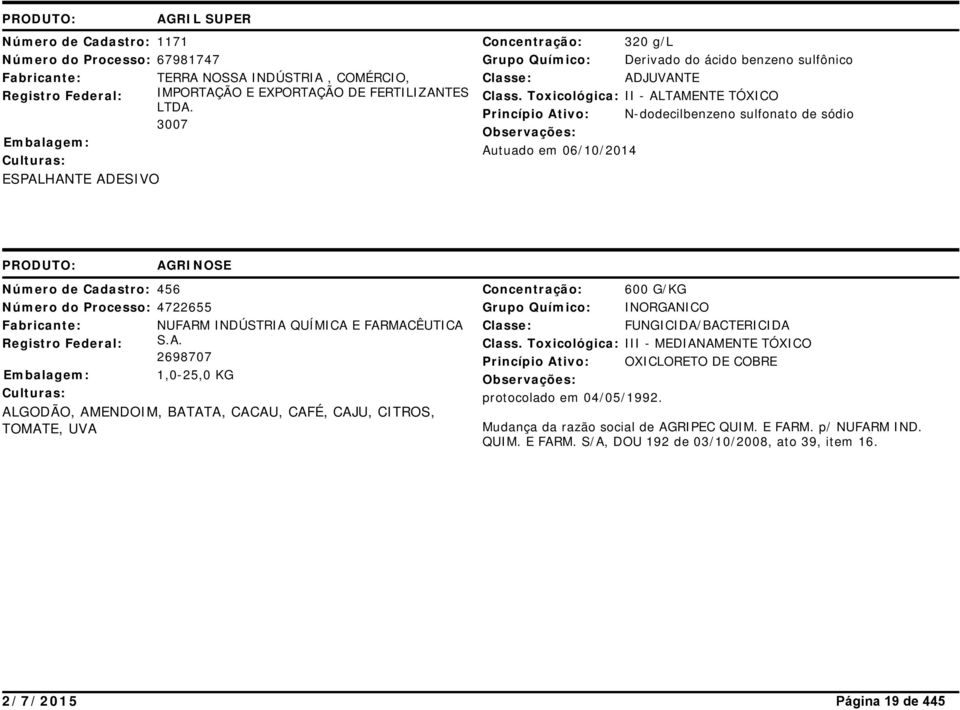 Toxicológica: II - ALTAMENTE TÓXICO Autuado em 06/10/2014 N-dodecilbenzeno sulfonato de sódio AGRINOSE Número de Cadastro: 456 Concentração: 600 G/KG Número do Processo: 4722655 Grupo Químico: