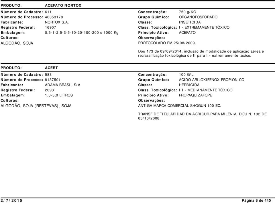 Dou 173 de 09/09/2014, inclusão de modalidade de aplicação aérea e reclassificação toxicológica de II para I - extremamente tóxico.