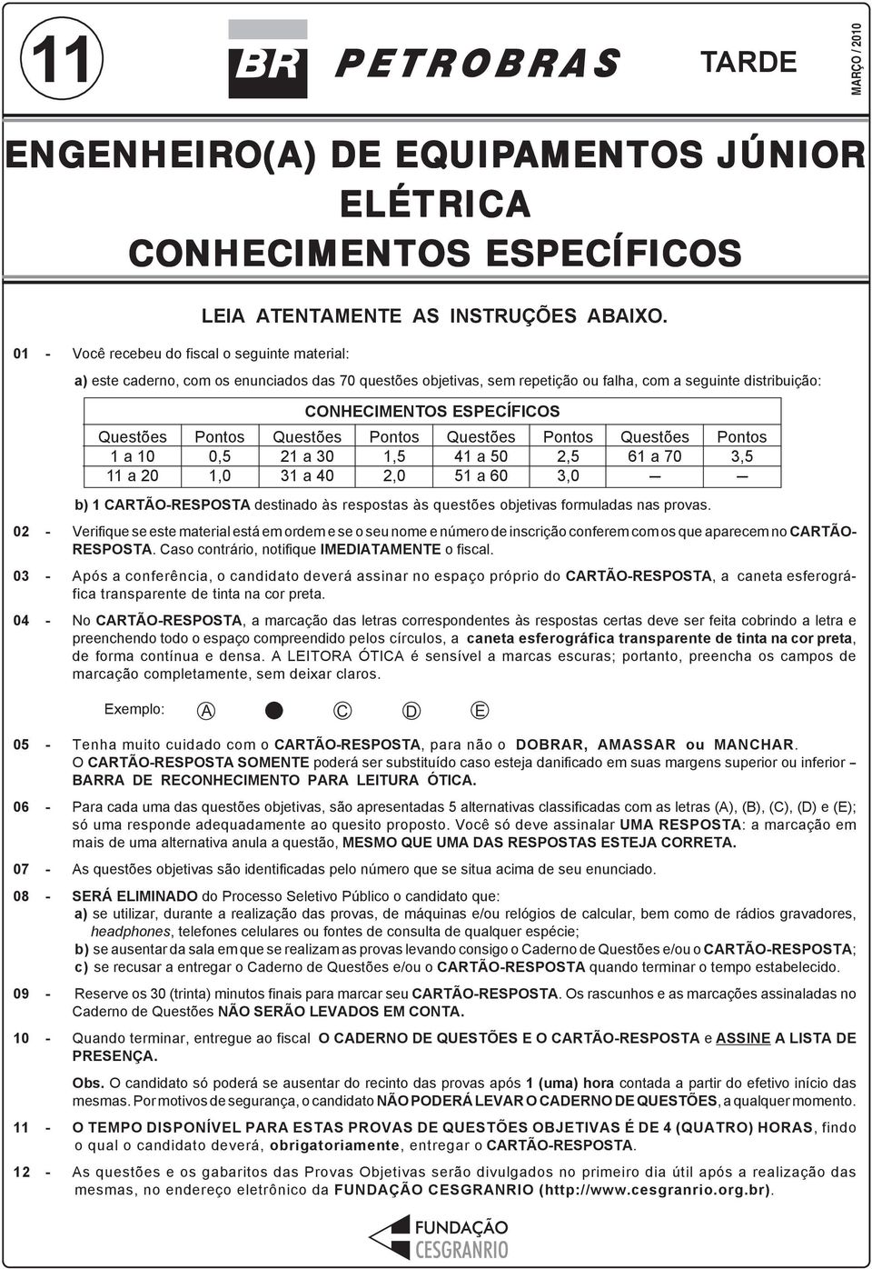 CONHECIMENTOS ESPECÍFICOS Questões a 0 a 40 Pontos,5,0 Questões 4 a 50 5 a 60 b) CARTÃO-RESPOSTA destinado às respostas às questões objetivas formuladas nas provas.