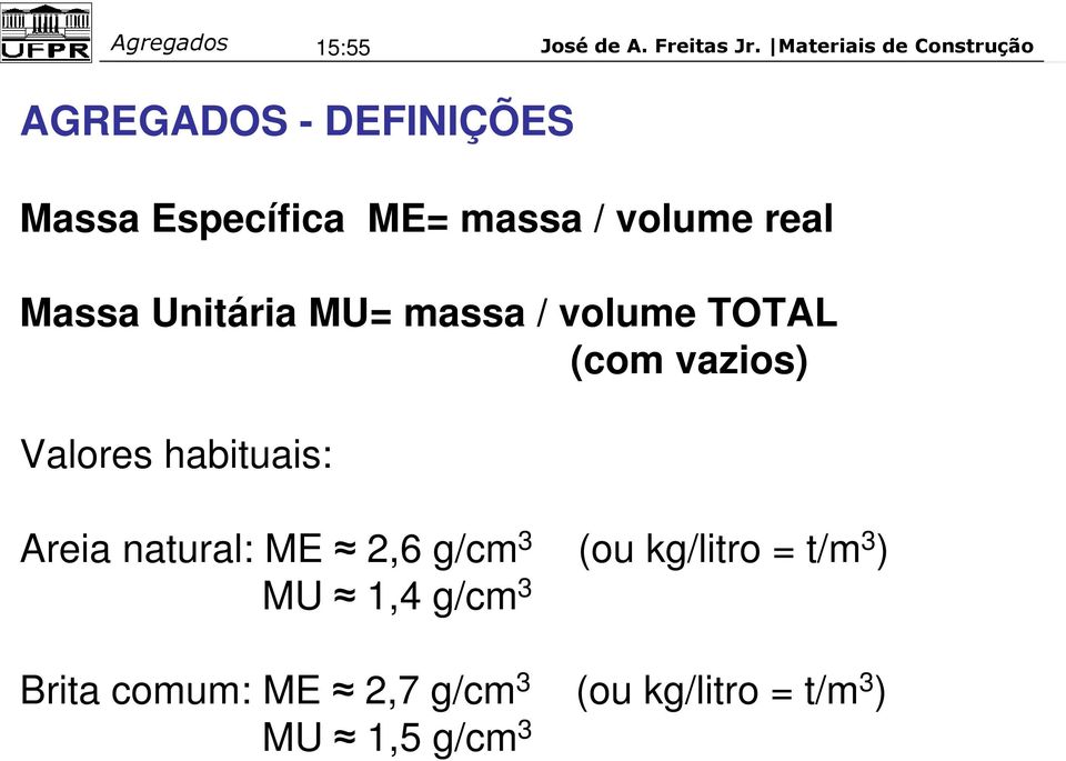 habituais: Areia natural: ME 2,6 g/cm 3 (ou kg/litro = t/m 3 ) MU