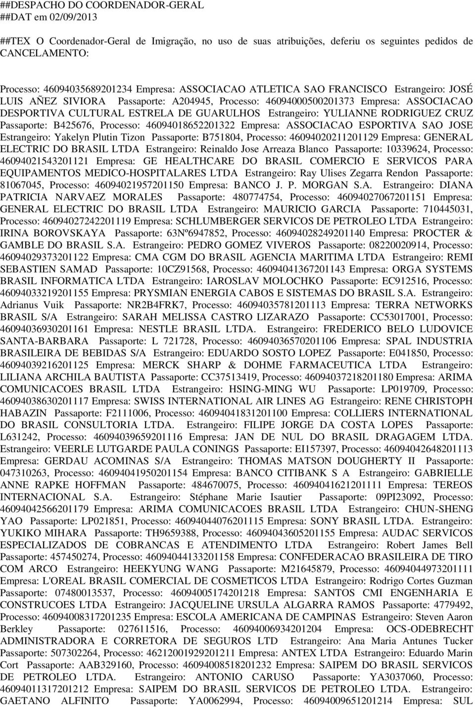 B425676, Processo: 46094018652201322 Empresa: ASSOCIACAO ESPORTIVA SAO JOSE : Yakelyn Plutin Tizon : B751804, Processo: 46094020211201129 Empresa: GENERAL ELECTRIC DO BRASIL LTDA : Reinaldo Jose