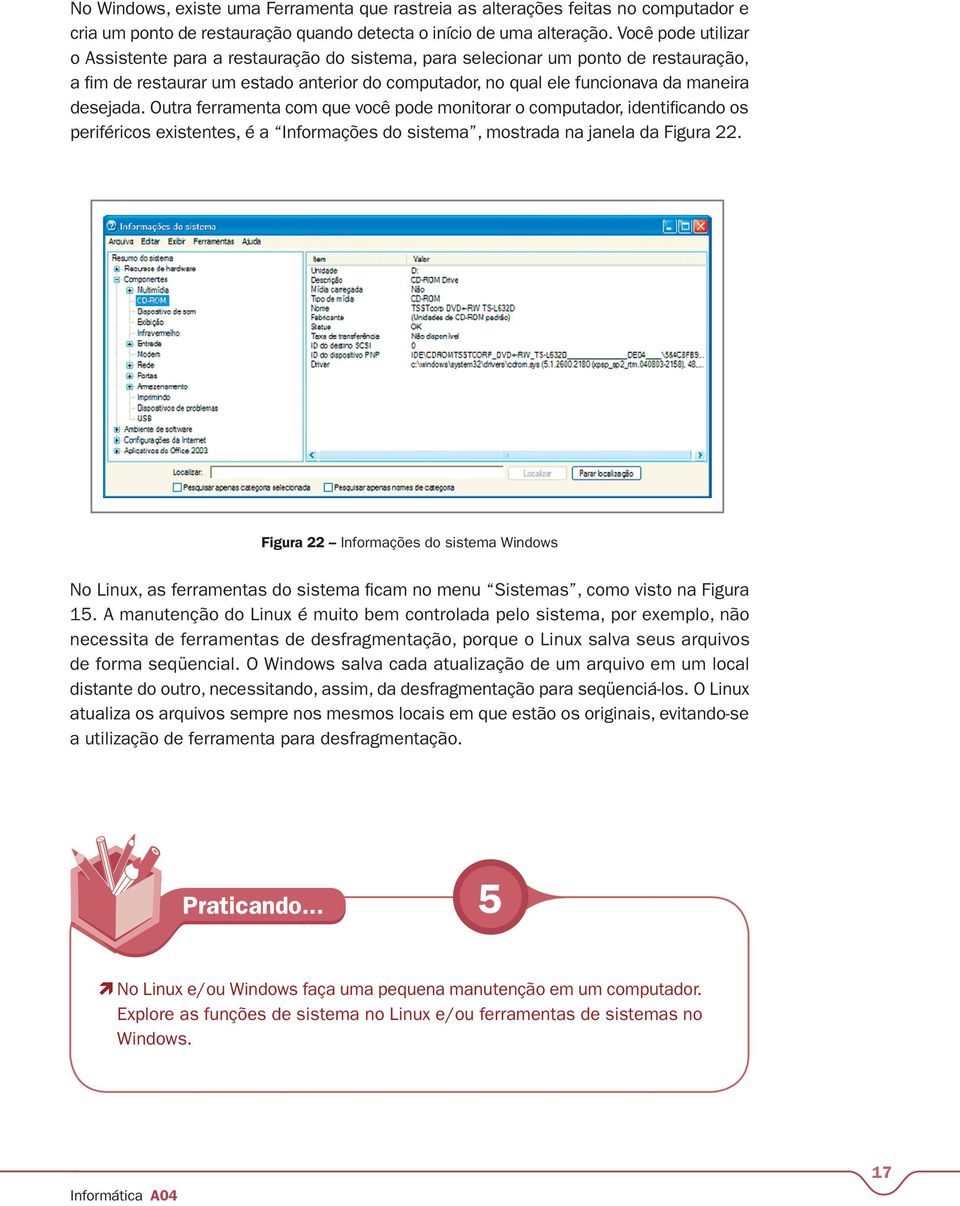 Outra ferramenta com que você pode monitorar o computador, identificando os periféricos existentes, é a Informações do sistema, mostrada na janela da Figura 22.