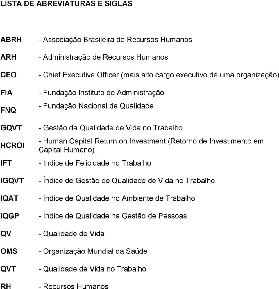 Trabalho - Human Capital Return on Investment (Retorno de Investimento em Capital Humano) - Índice de Felicidade no Trabalho - Índice de Gestão de Qualidade de Vida no Trabalho -