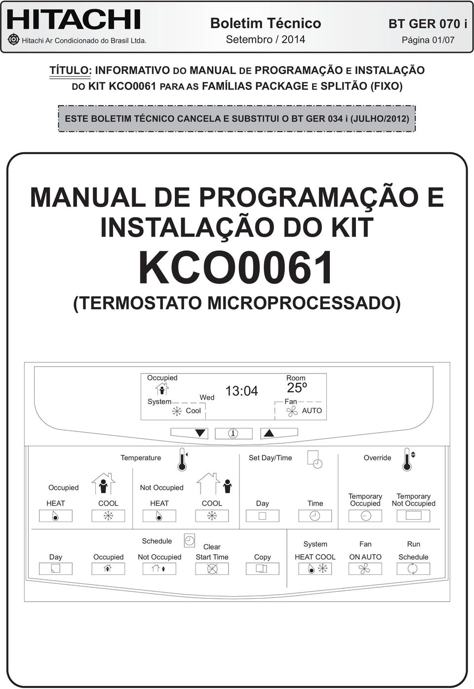 PROGRAMAÇÃO E INSTALAÇÃO DO KIT KCO006 (TERMOSTATO MICROPROCESSADO) System Cool Room 3:04 25º Fan AUTO