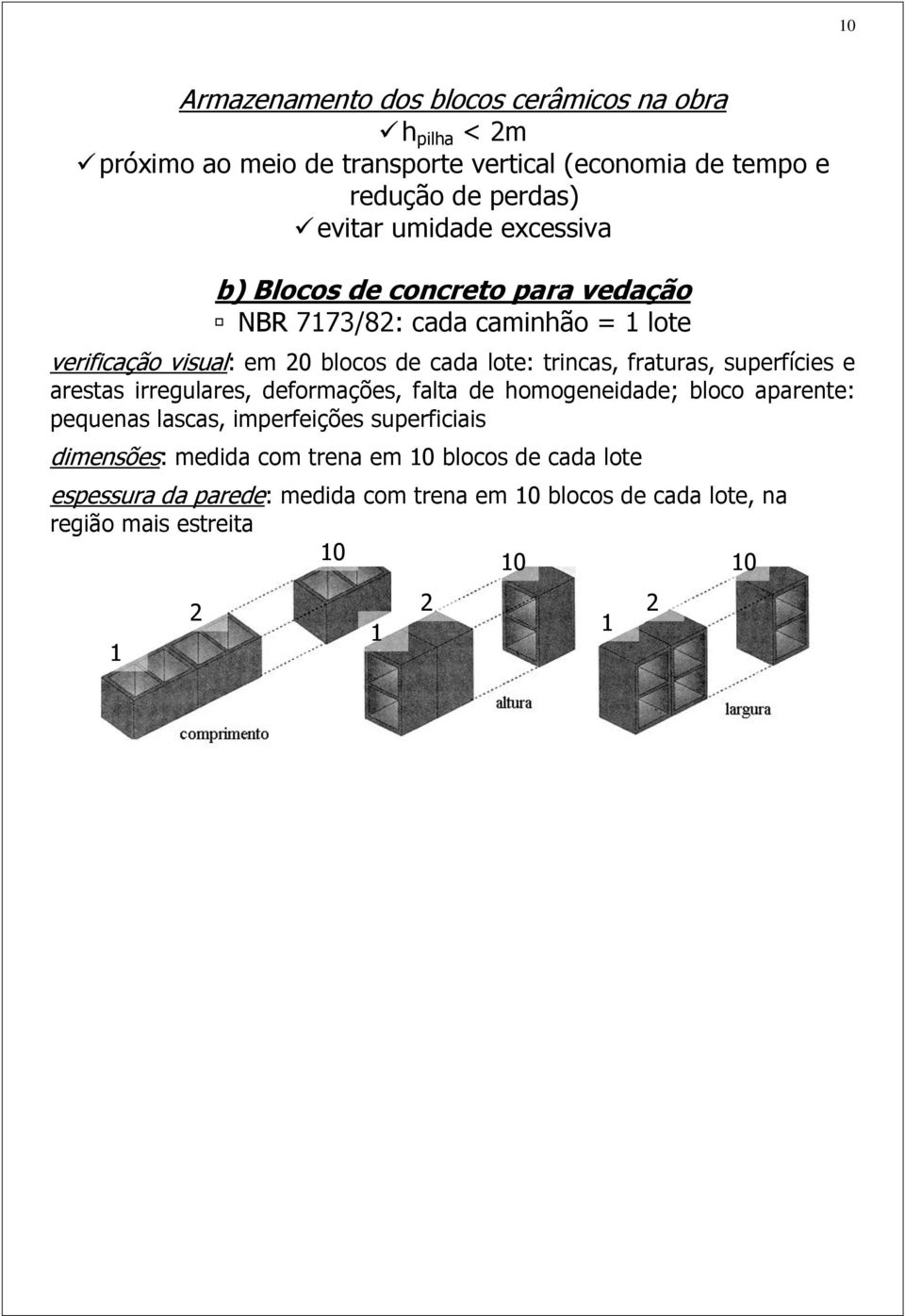 fraturas, superfícies e arestas irregulares, deformações, falta de homogeneidade; bloco aparente: pequenas lascas, imperfeições superficiais