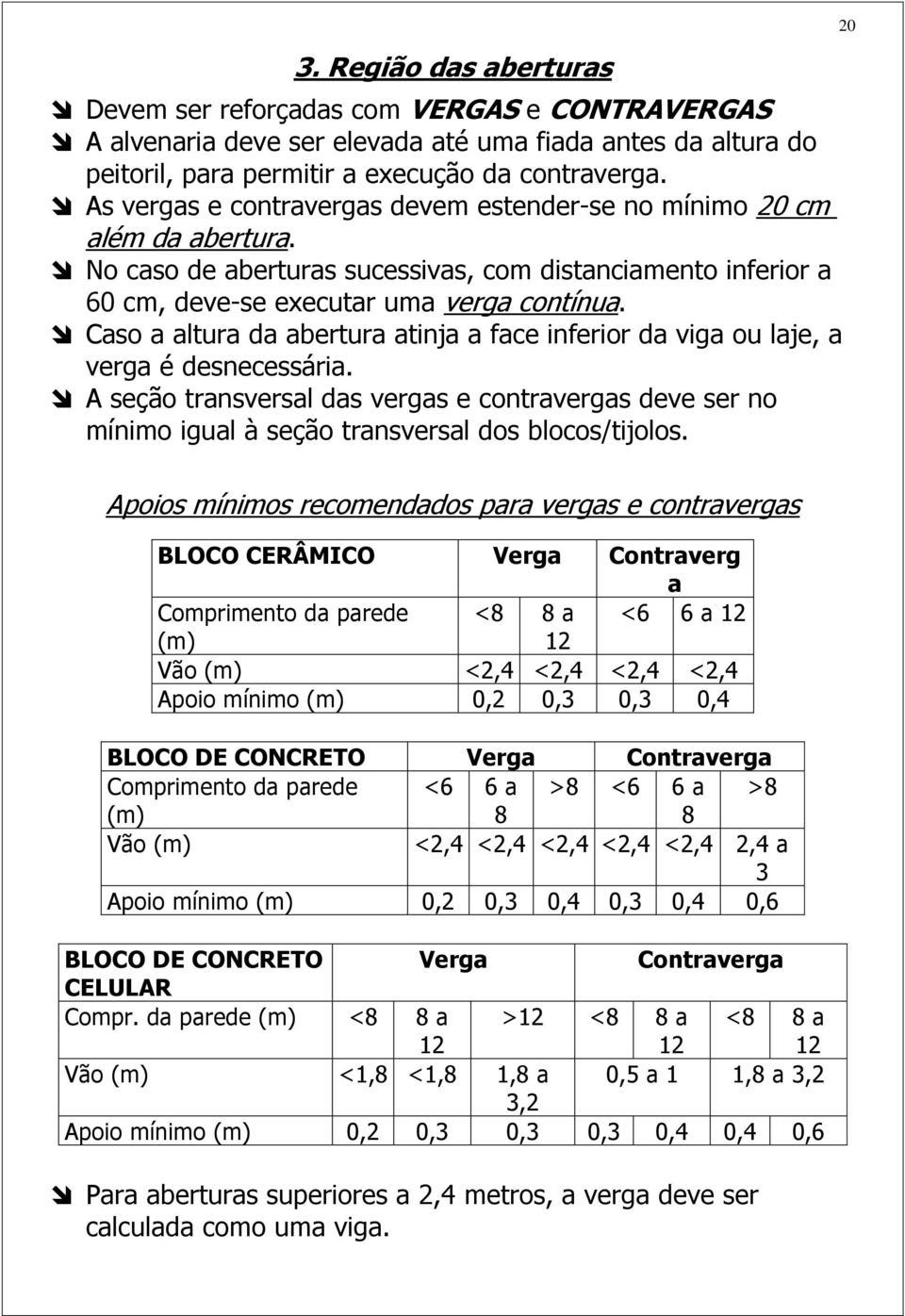 Caso a altura da abertura atinja a face inferior da viga ou laje, a verga é desnecessária.