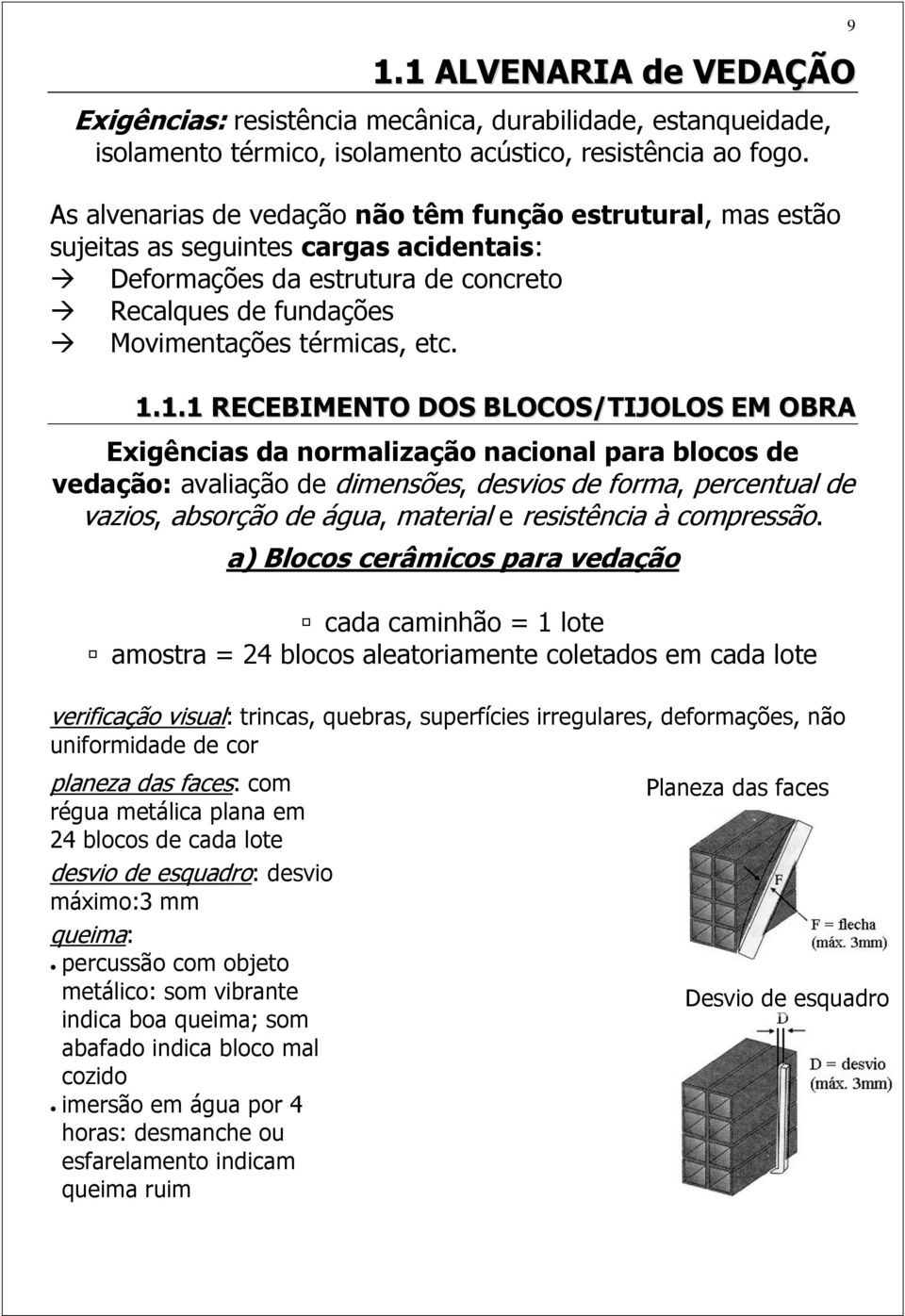 1.1 RECEBIMENTO DOS BLOCOS/TIJOLOS EM OBRA Exigências da normalização nacional para blocos de vedação: avaliação de dimensões, desvios de forma, percentual de vazios, absorção de água, material e