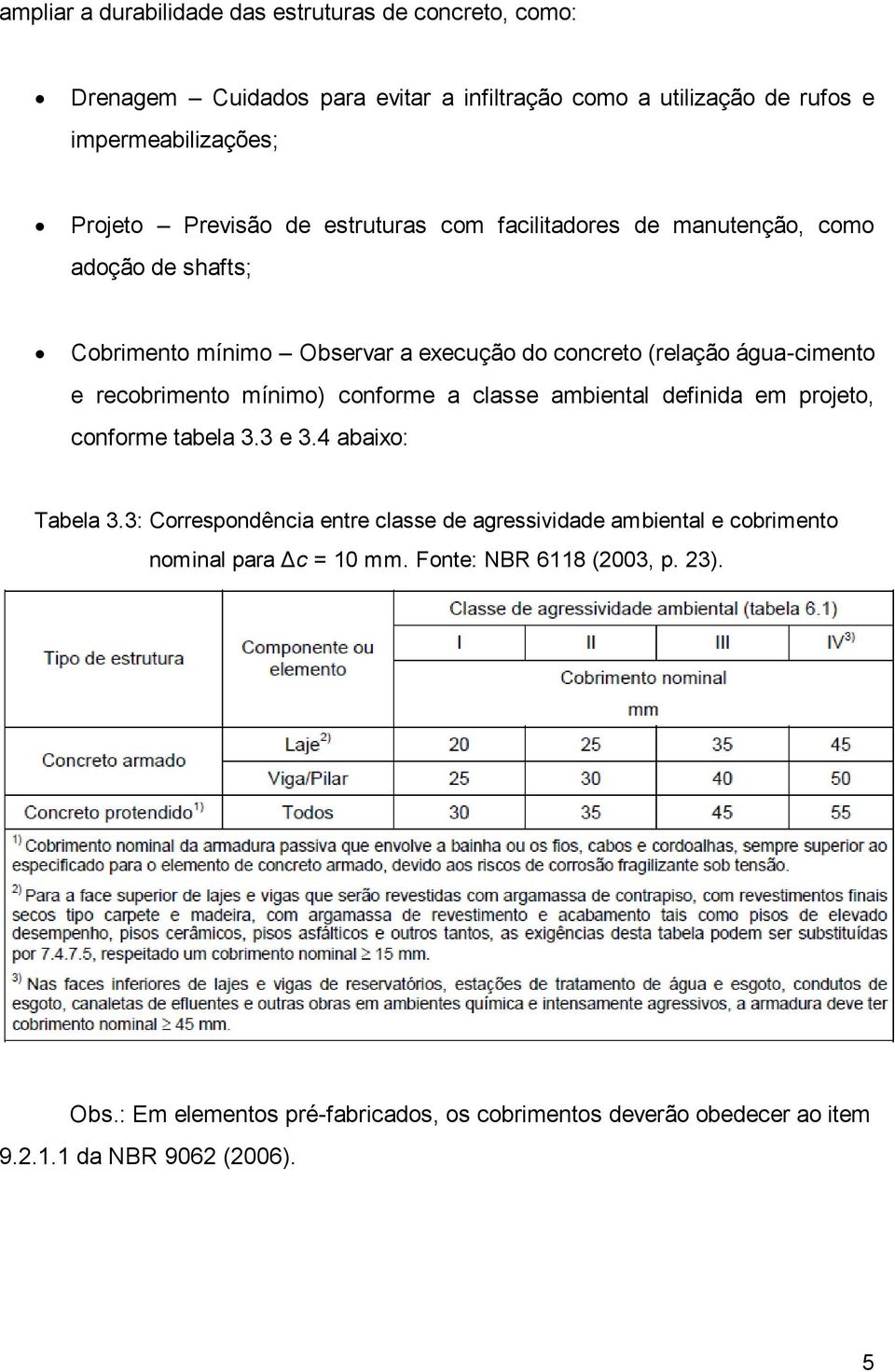 recobrimento mínimo) conforme a classe ambiental definida em projeto, conforme tabela 3.3 e 3.4 abaixo: Tabela 3.