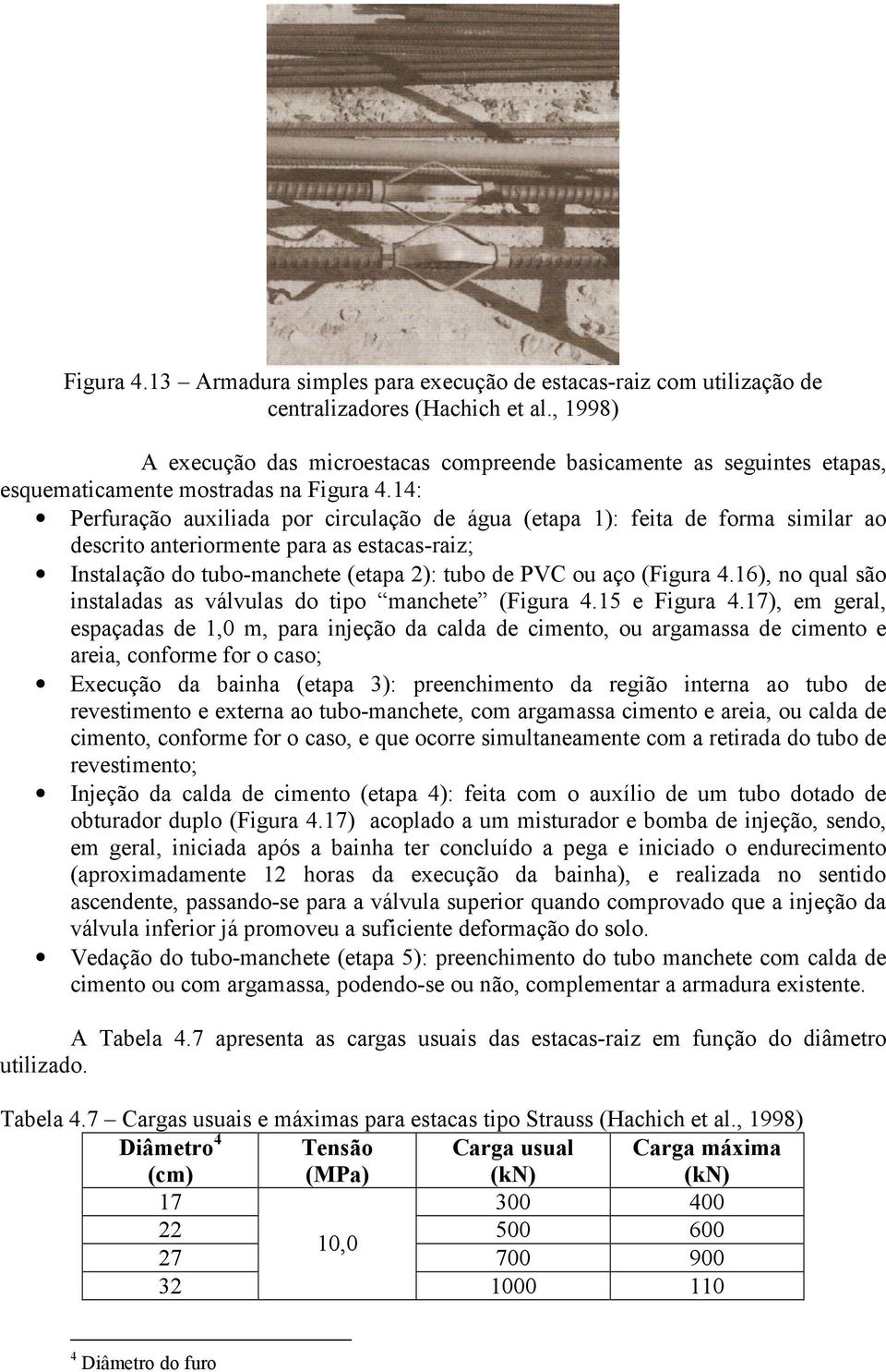 14: Perfuração auxiliada por circulação de água (etapa 1): feita de forma similar ao descrito anteriormente para as estacas-raiz; Instalação do tubo-manchete (etapa 2): tubo de PVC ou aço (Figura 4.