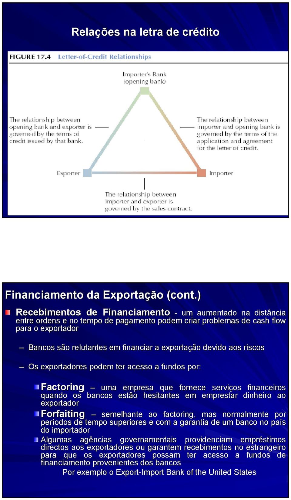 devido aos riscos Os exportadores podem ter acesso a fundos por: Factoring uma empresa que fornece serviços financeiros quando os bancos estão hesitantes em emprestar dinheiro ao exportador